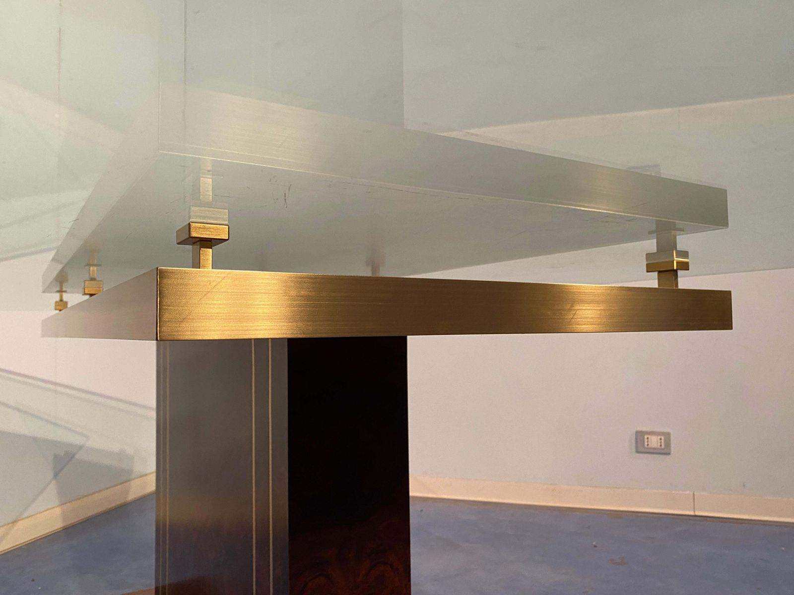 photo buy Italian Mid Century Modern Dining Table In Thick Glass And Walnut Root, 1970s