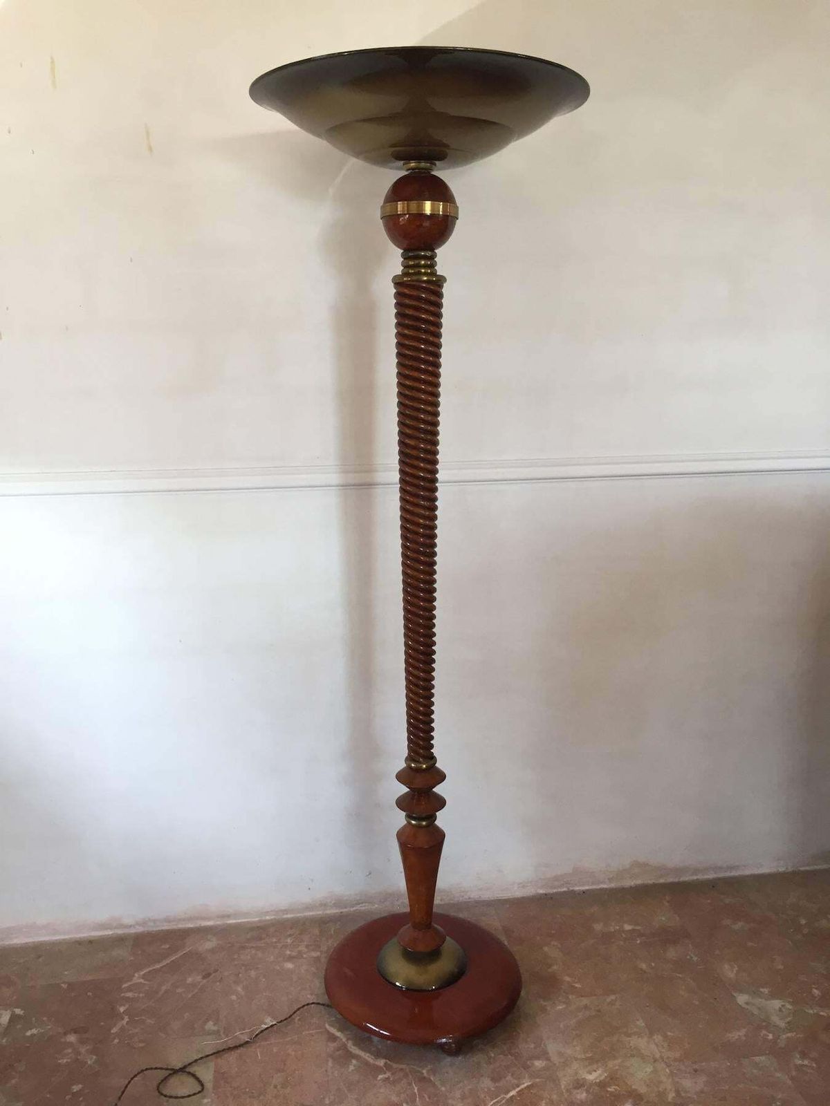 French Art Deco Carved Wood With Brass Decorations Floor Lamp, 1930s photo for sale