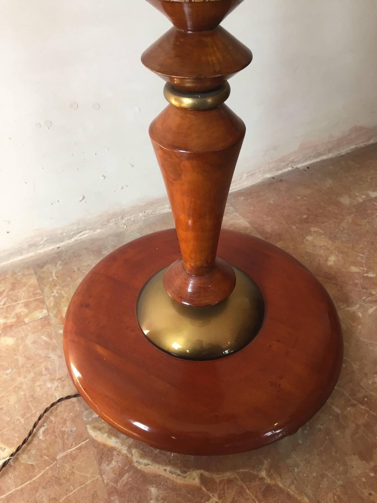 photo furniture French Art Deco Carved Wood With Brass Decorations Floor Lamp, 1930s
