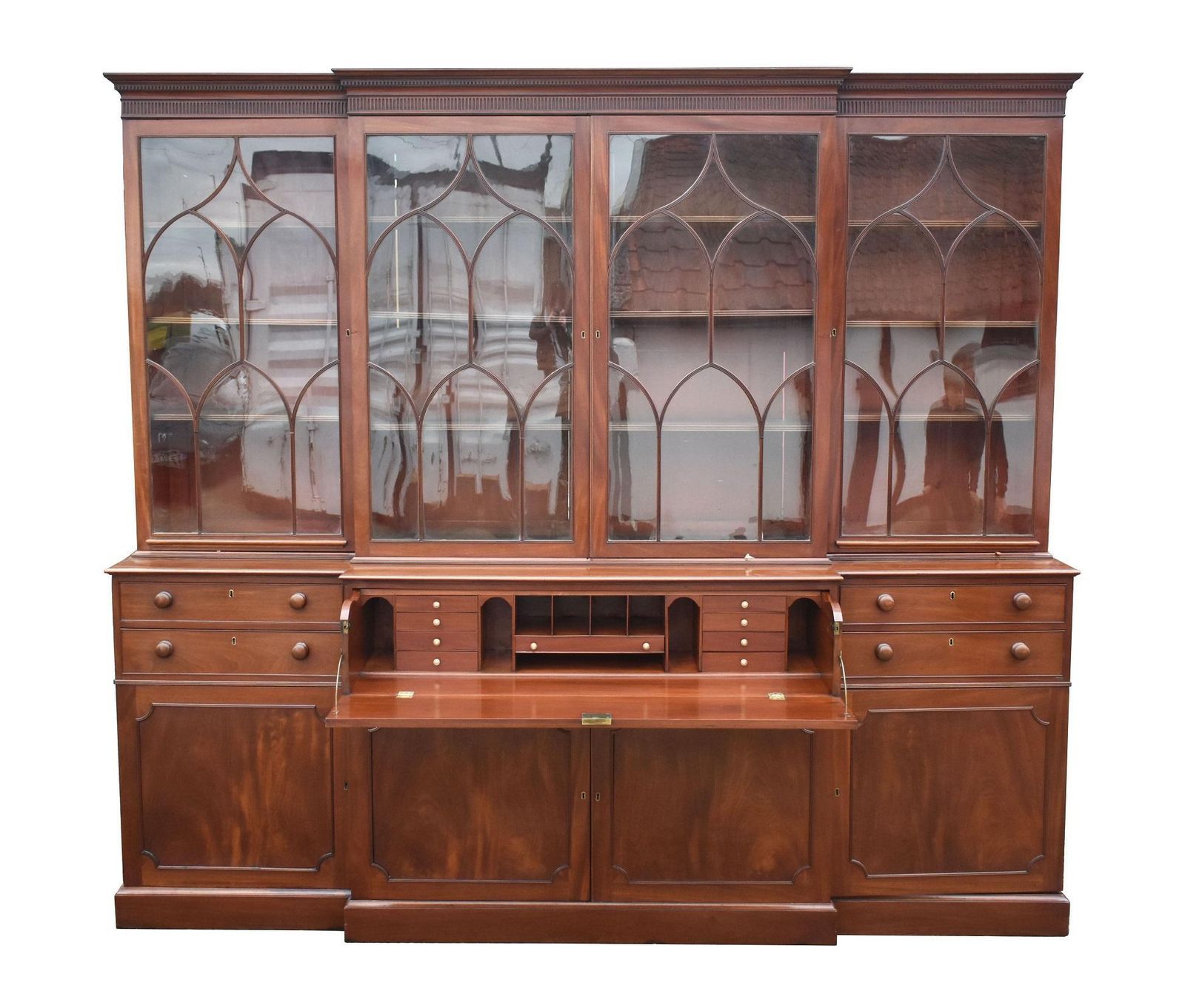 photo for sale English George III Mahogany Secretaire Breakfront Bookcase