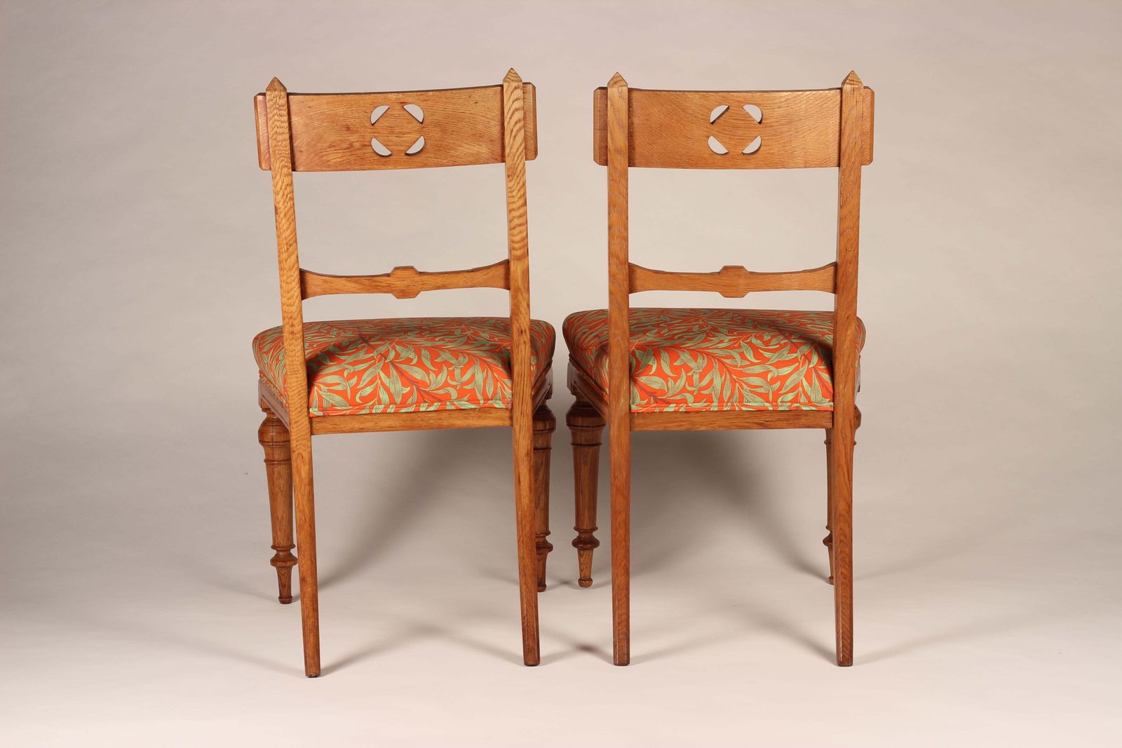 Pair Of Arts & Crafts Oak Back Pierced Hall Chairs With Fabric By Morris & Co photo buy
