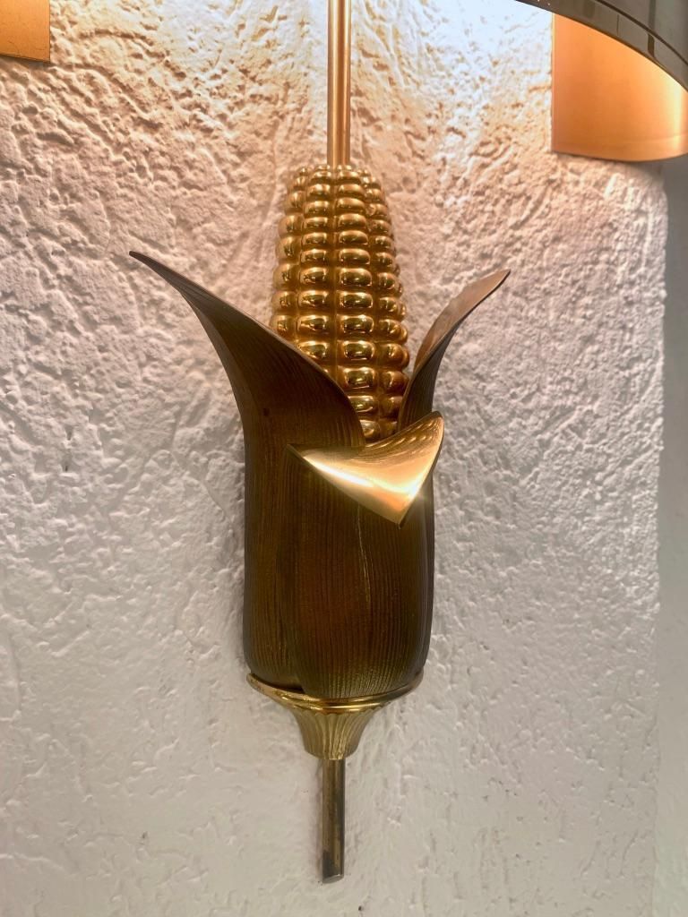 Signed Maison Charles Pair Of Bronze & Brass "Corn" Wall Lamps, France, 1970s photo 4286.0