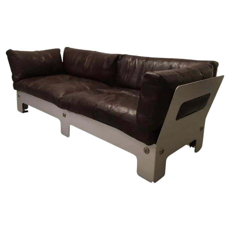 Sigurd Ressell Vintage Leather And Anodised Aluminum Sofa For Vatne Mobler 1968