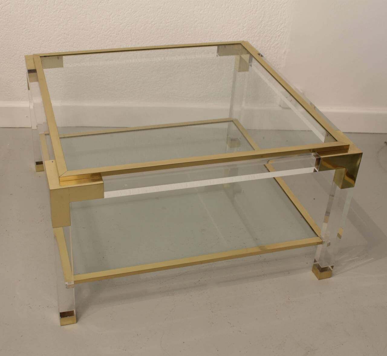 1970 Mid Century Lucite Brass Glass Top Coffee Cocktail Table With Bottom Shelf photo furniture