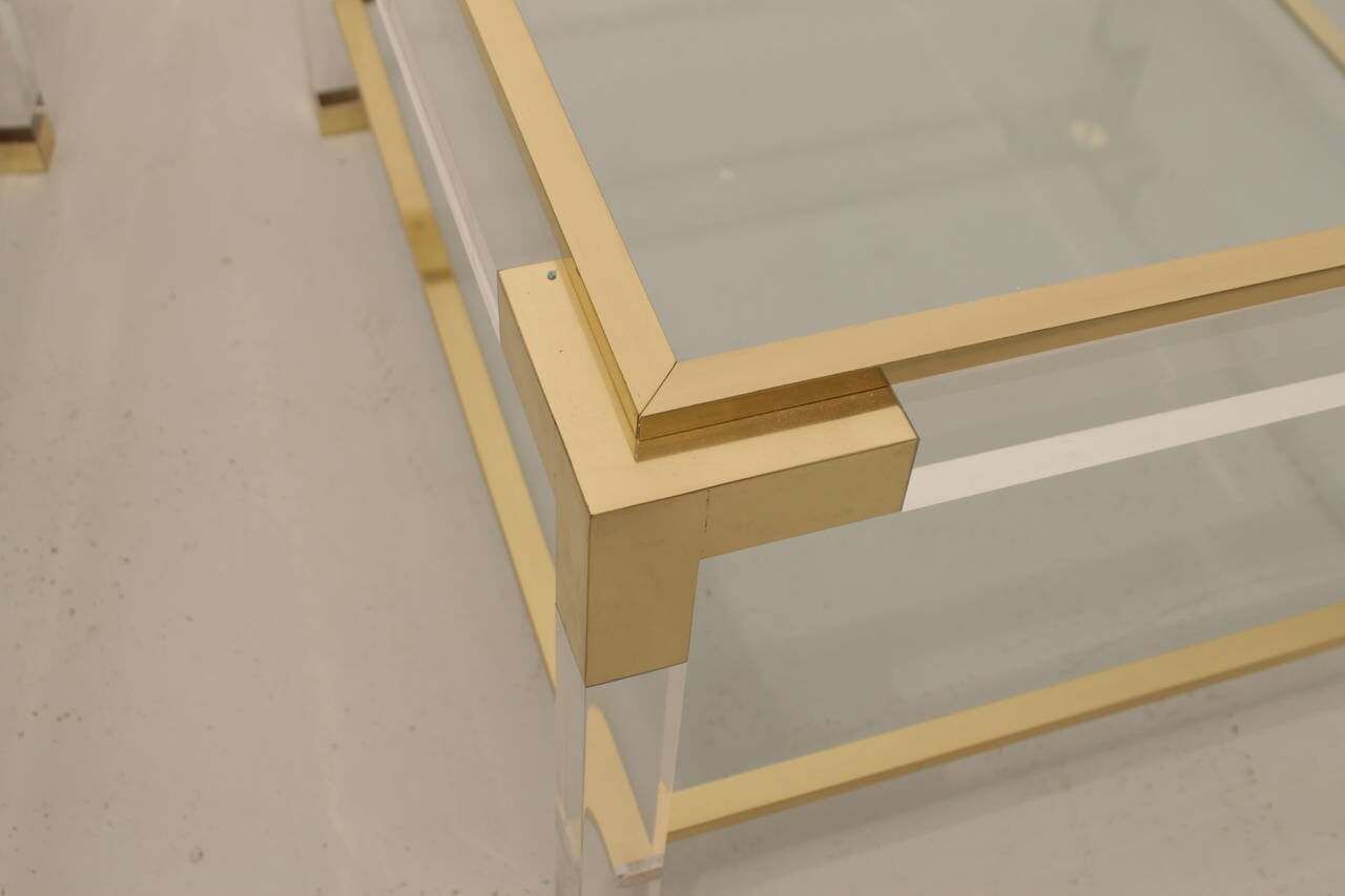 1970 Mid Century Lucite Brass Glass Top Coffee Cocktail Table With Bottom Shelf photo for sale