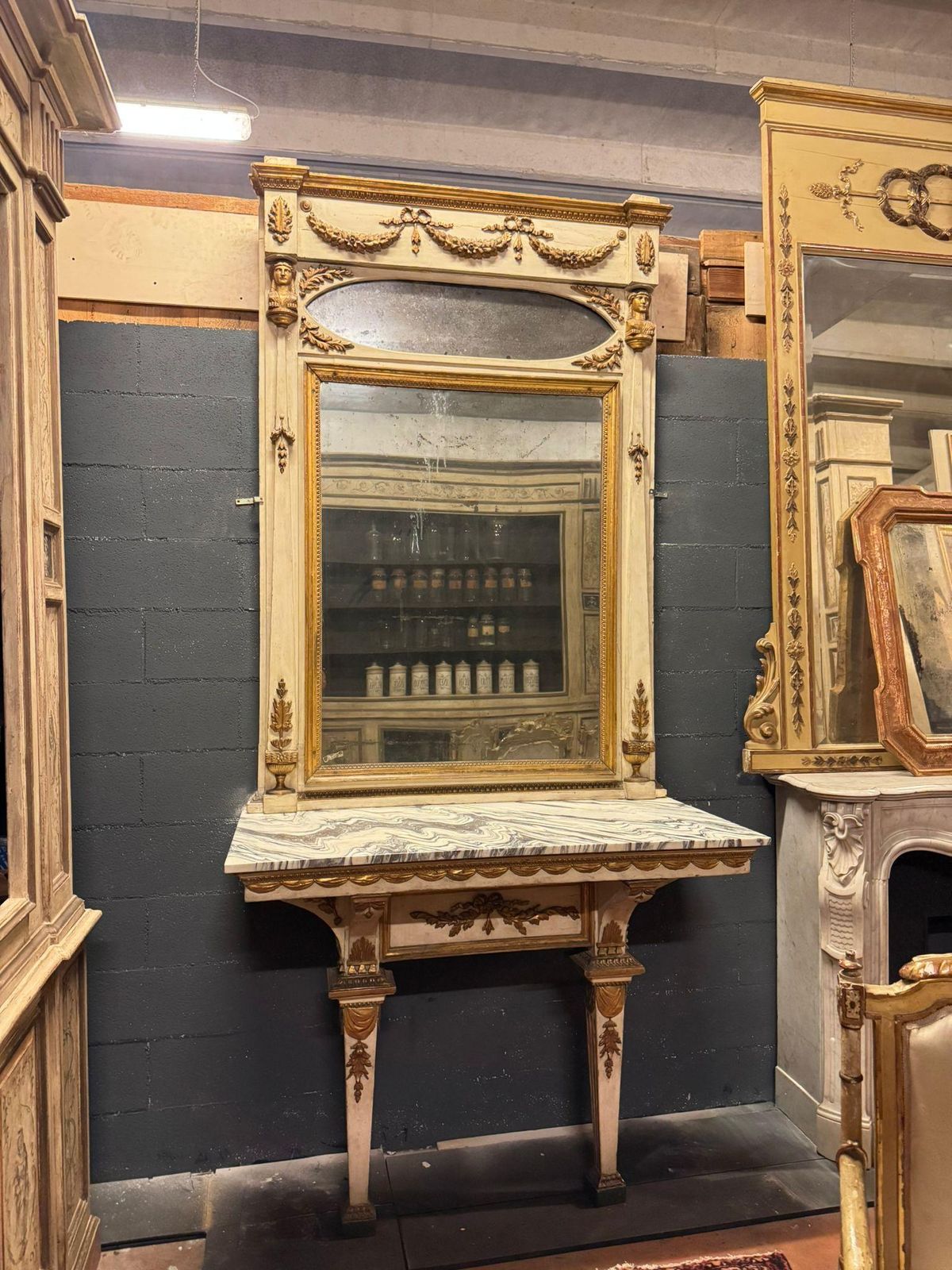 photo for sale Console Table With Mirror In Neoclassical Style, Lacquered And Gilded, Italy