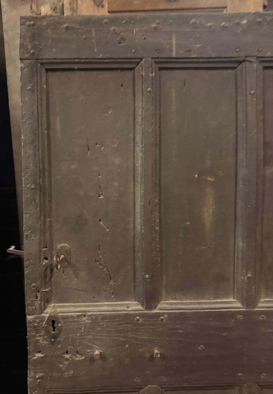 Patinated Wooden Entrance Door, Main Door Rustic Carved With Panels, Italy photo for sale