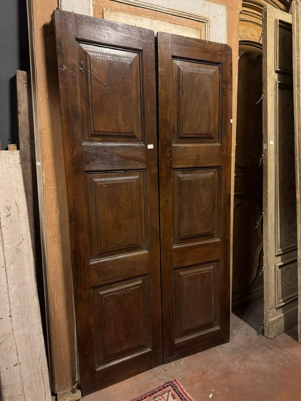 photo furniture Antique Door In Walnut Wood, Two Leaves With Carved Panels, Italy