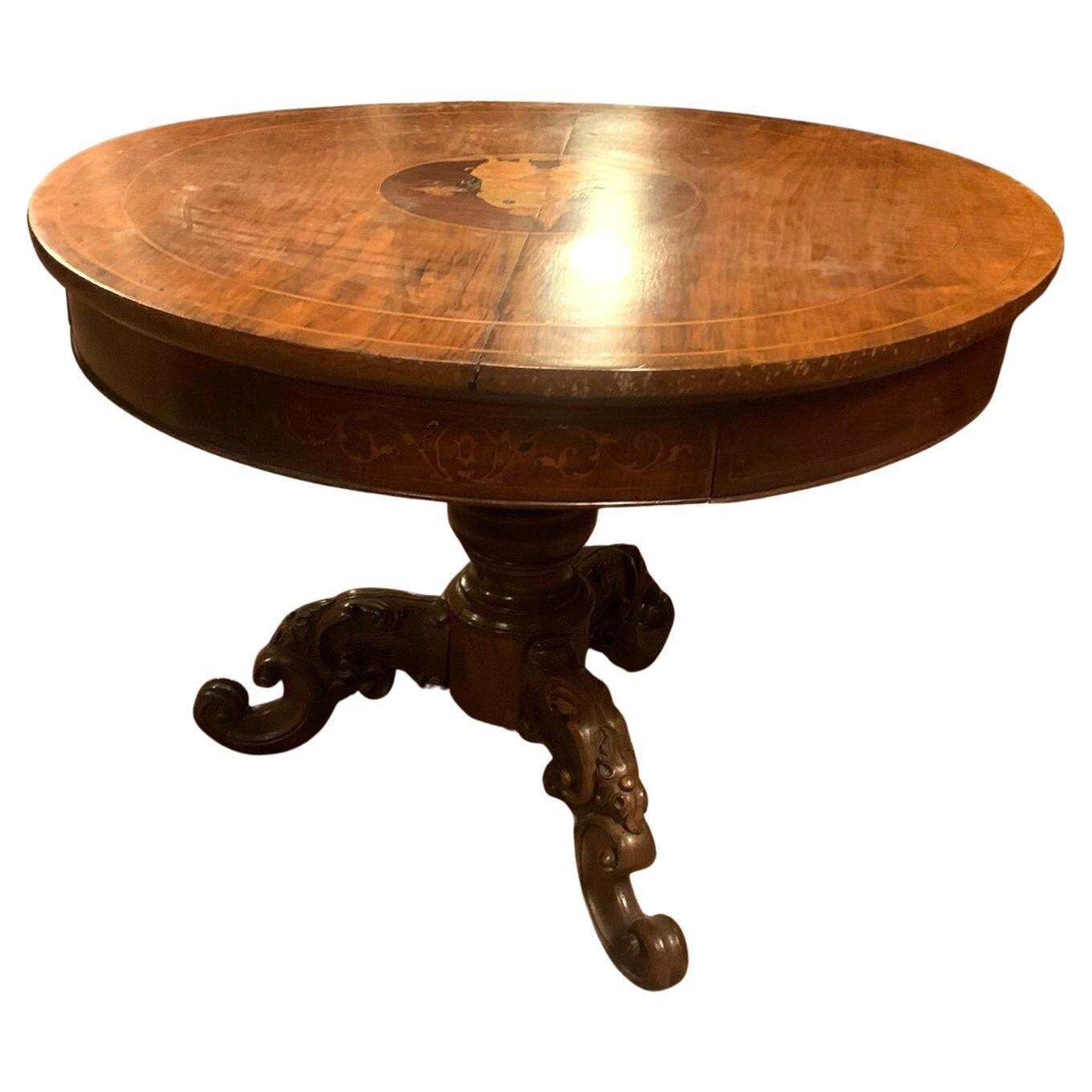 Walnut Living Room Table, Featuring A Round Top With Central Inlay, Italy