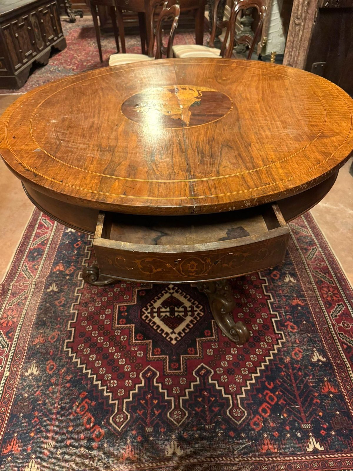 Walnut Living Room Table, Featuring A Round Top With Central Inlay, Italy photo vintage