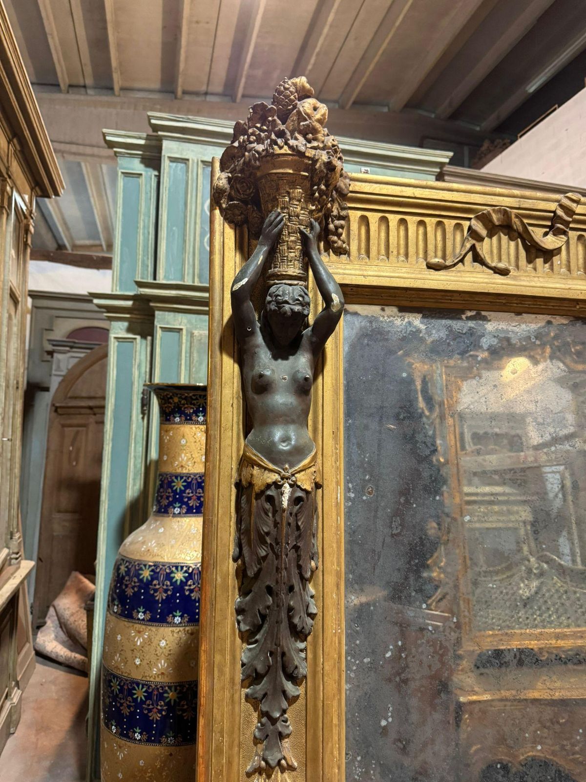 Neoclassical Mirror In Richly Carved Wood With Caryatids And Gilded, Italy photo for sale