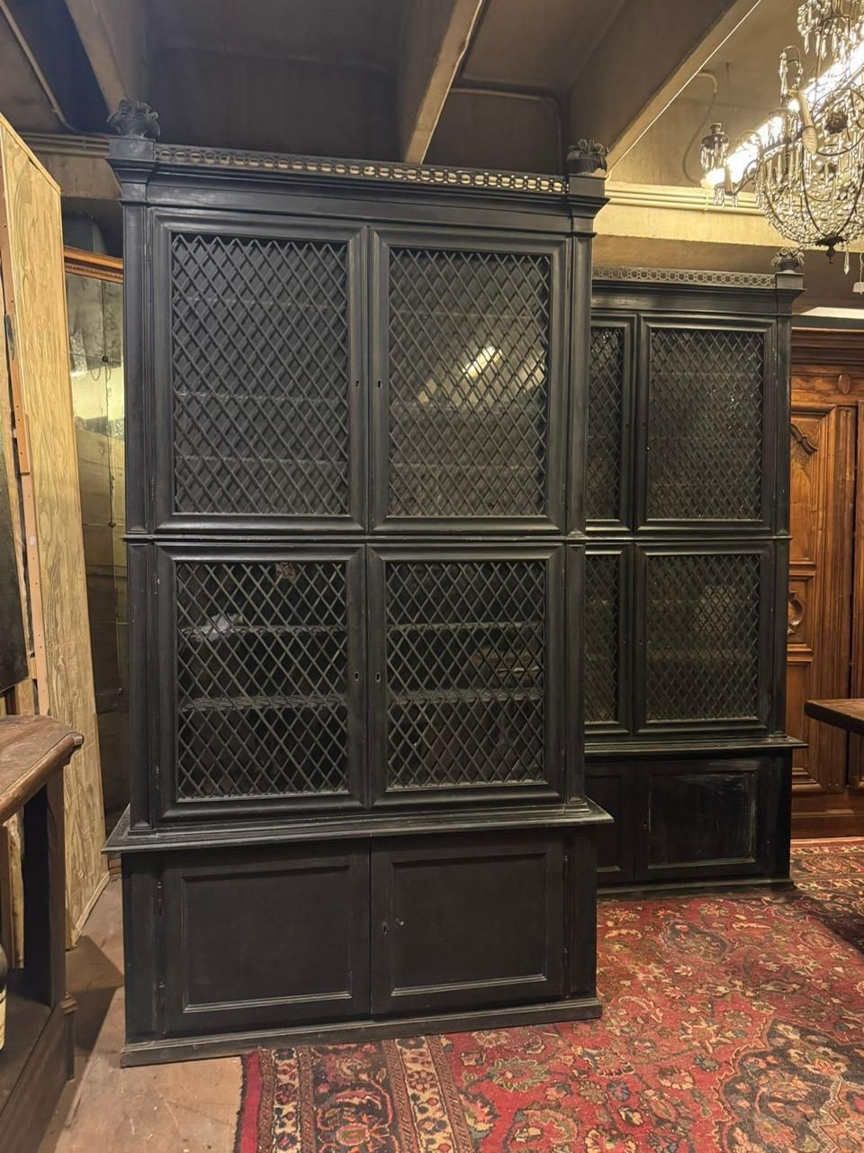 Furniture Pair Of Display Cabinets In Black Lacquered Wood With Mesh Glass, Italy photo