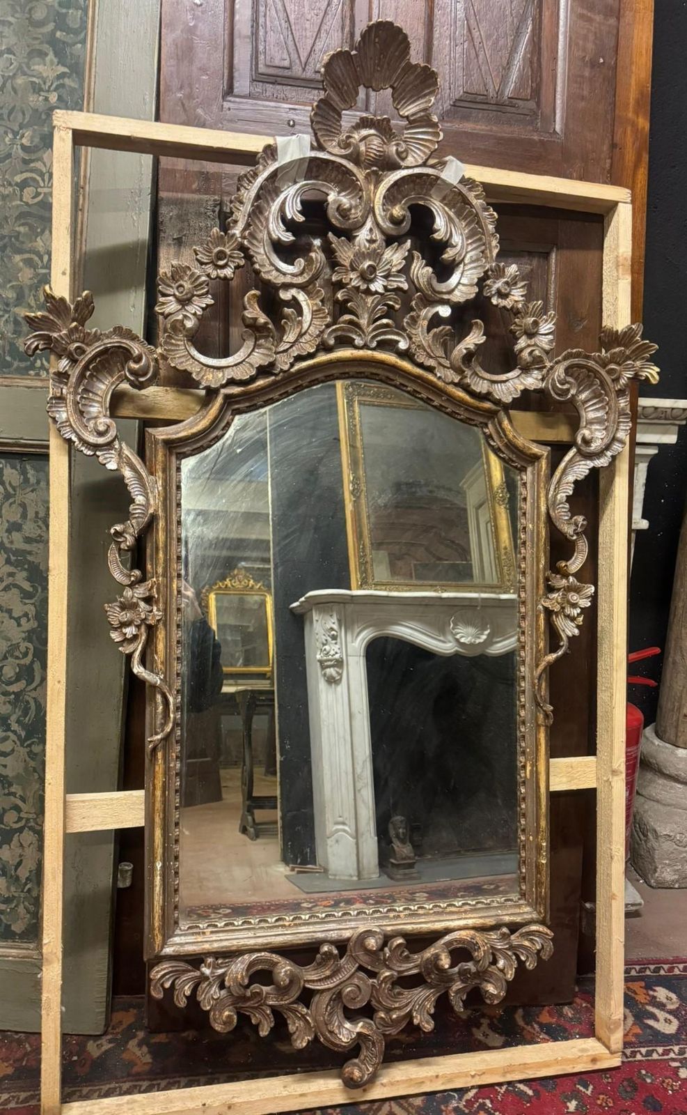 Mirror In Silver Lacquered Wood, Richly Carved With Open Carved Top, Italy photo furniture