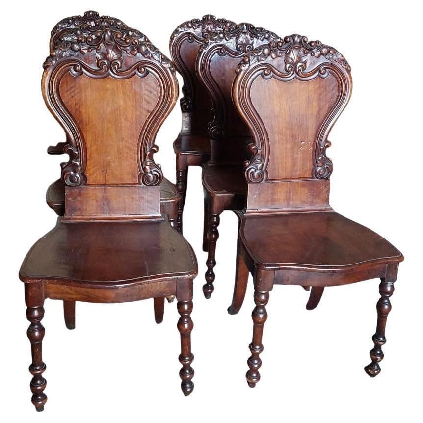 Set Of 6 Walnut Chairs, Richly Carved, Italy