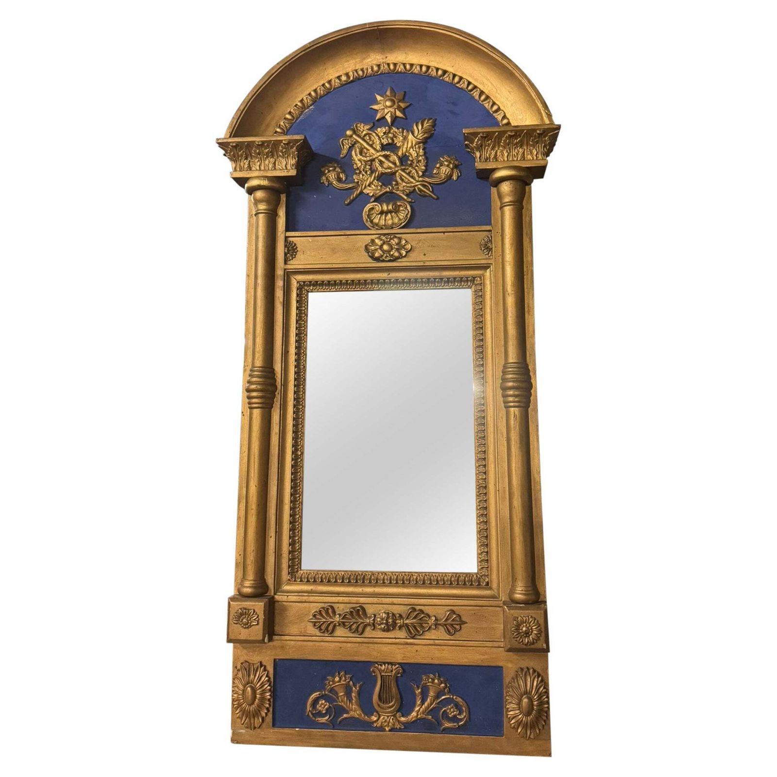 Blue And Gold Lacquered Wooden Mirror, With Medicine Symbol, Italy