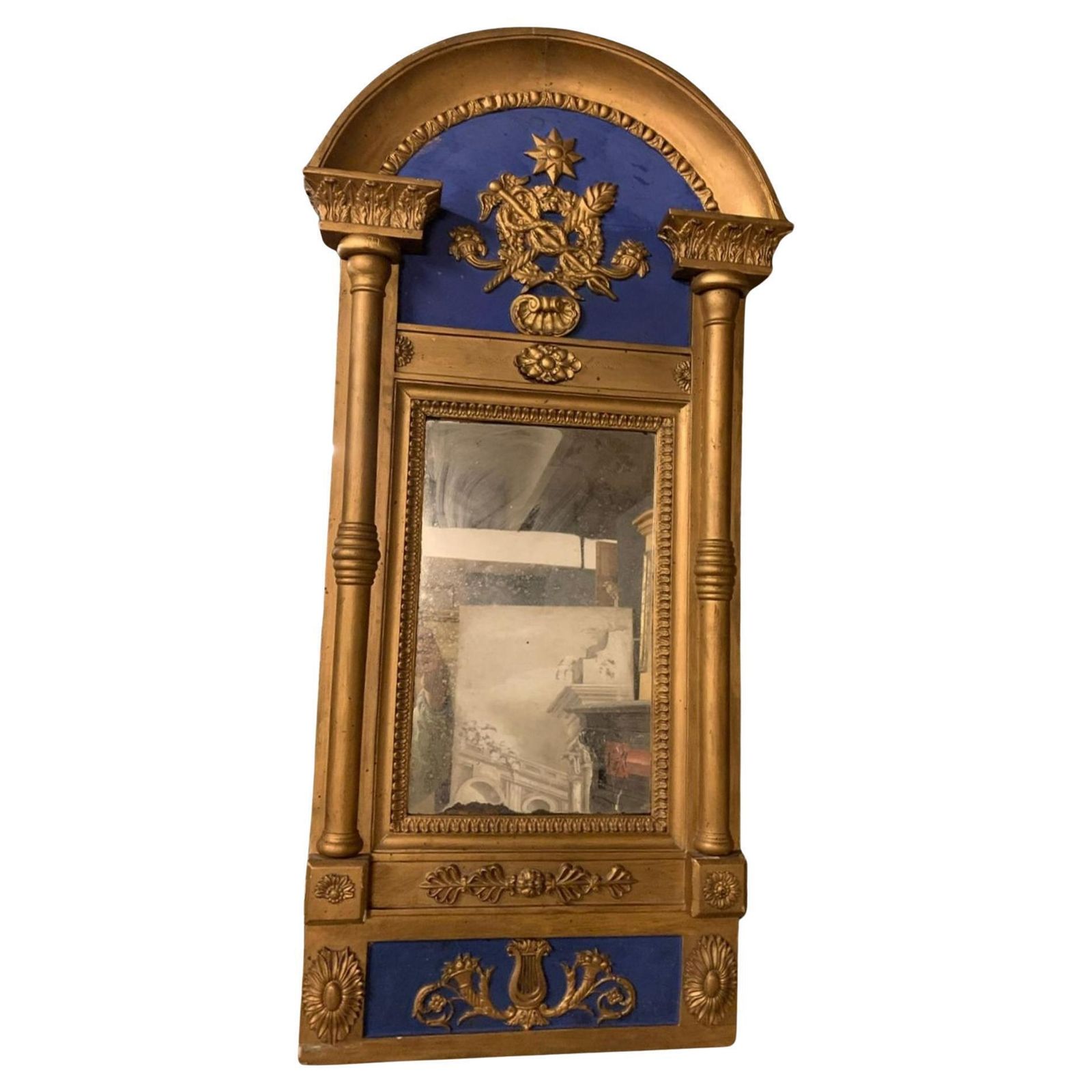 Blue And Gold Lacquered Wooden Mirror, With Medicine Symbol, Italy photo furniture