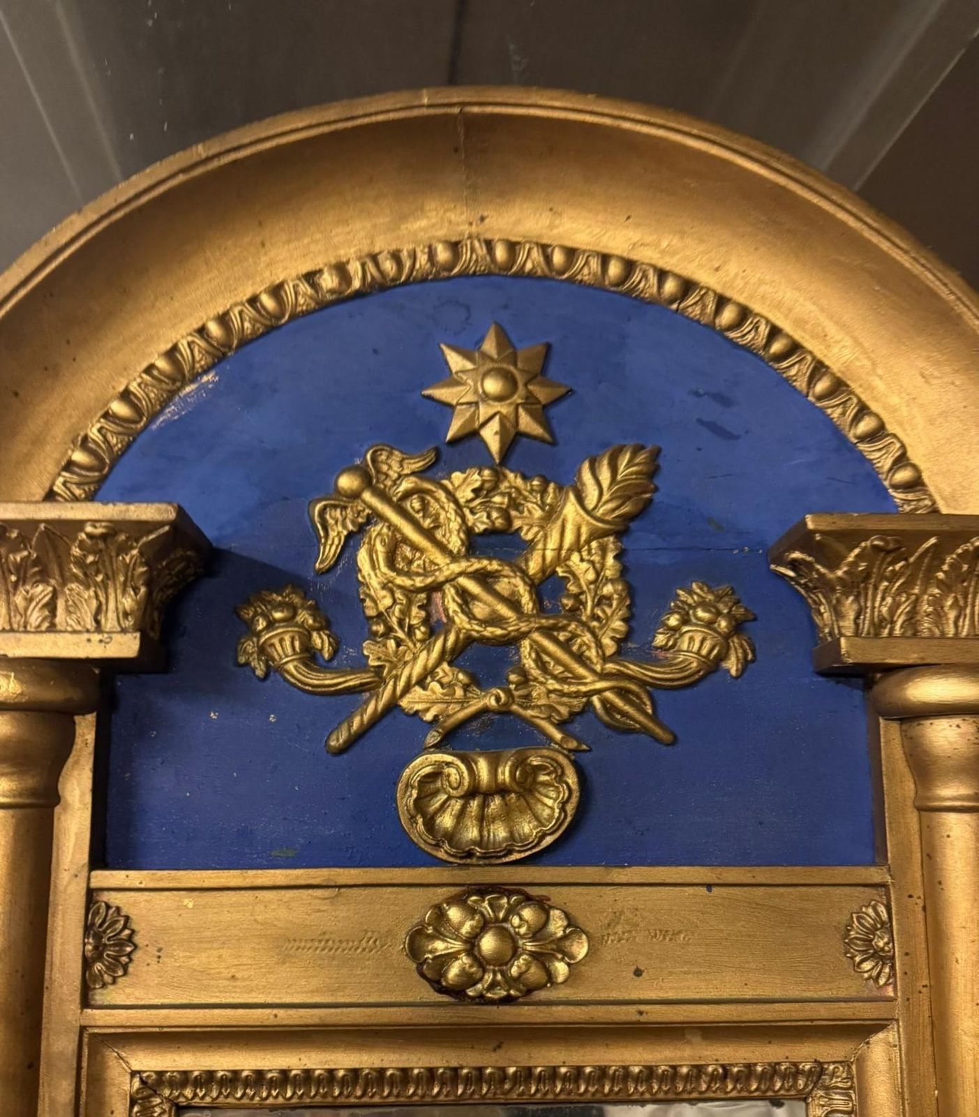 Blue And Gold Lacquered Wooden Mirror, With Medicine Symbol, Italy photo Home Decor
