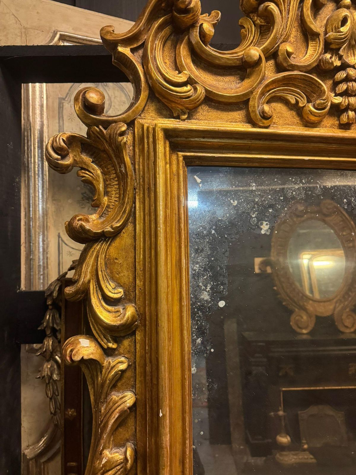 Floor Mirror In Gilded Wood, Richly Carved With Scroll Decorations, Italy photo vintage