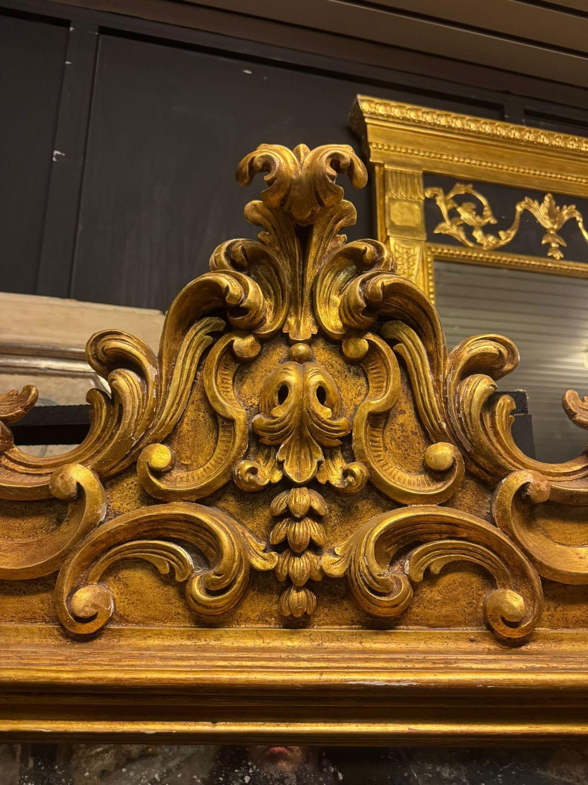 photo furniture Floor Mirror In Gilded Wood, Richly Carved With Scroll Decorations, Italy