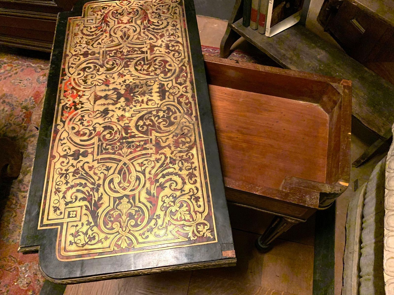 Boulle Style Game Table In Ebonized Wood And Gilded Decorations, France photo vinterior