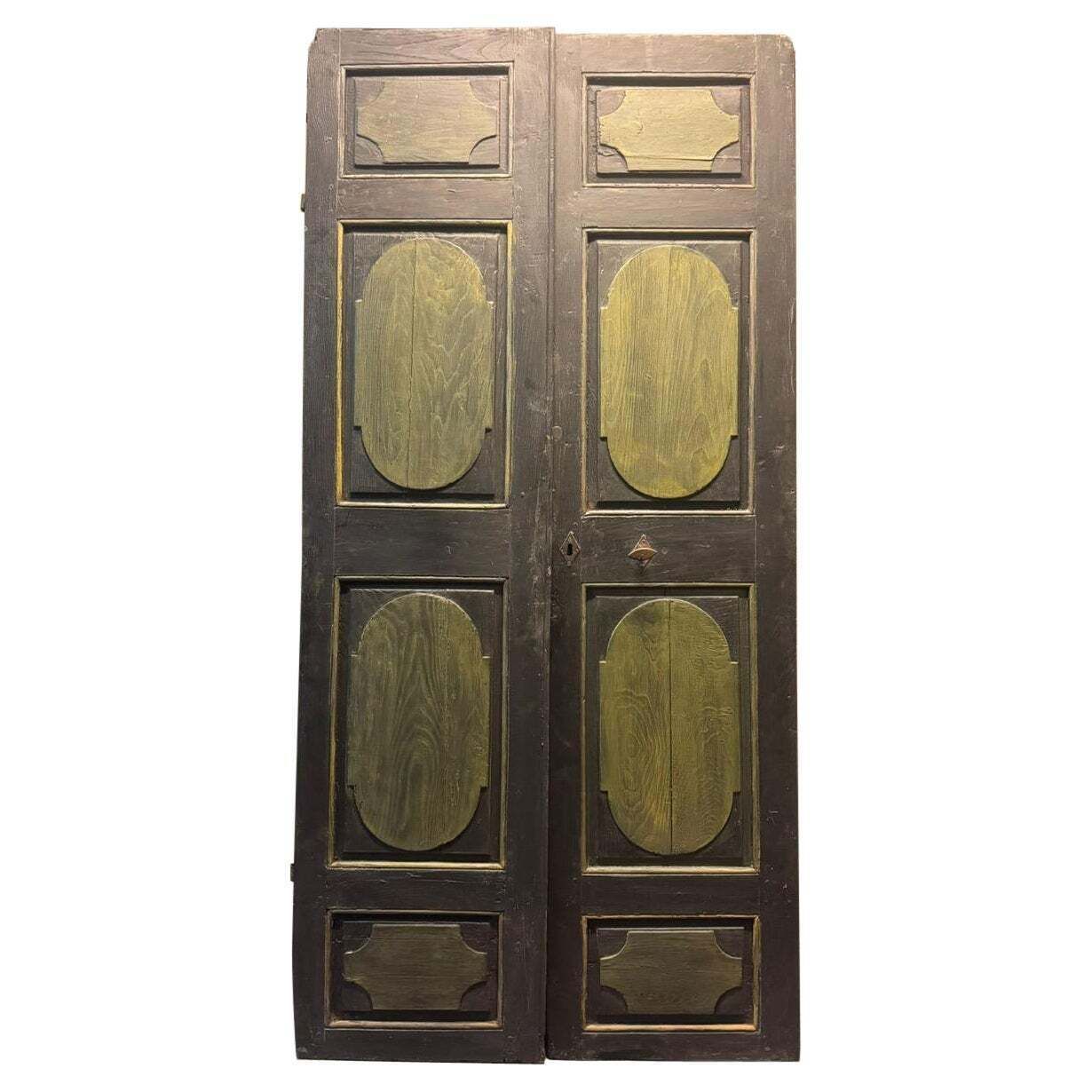 Lacquered Wooden Door, Two Leaves, Panels Carved With Geometric Figures, Italy