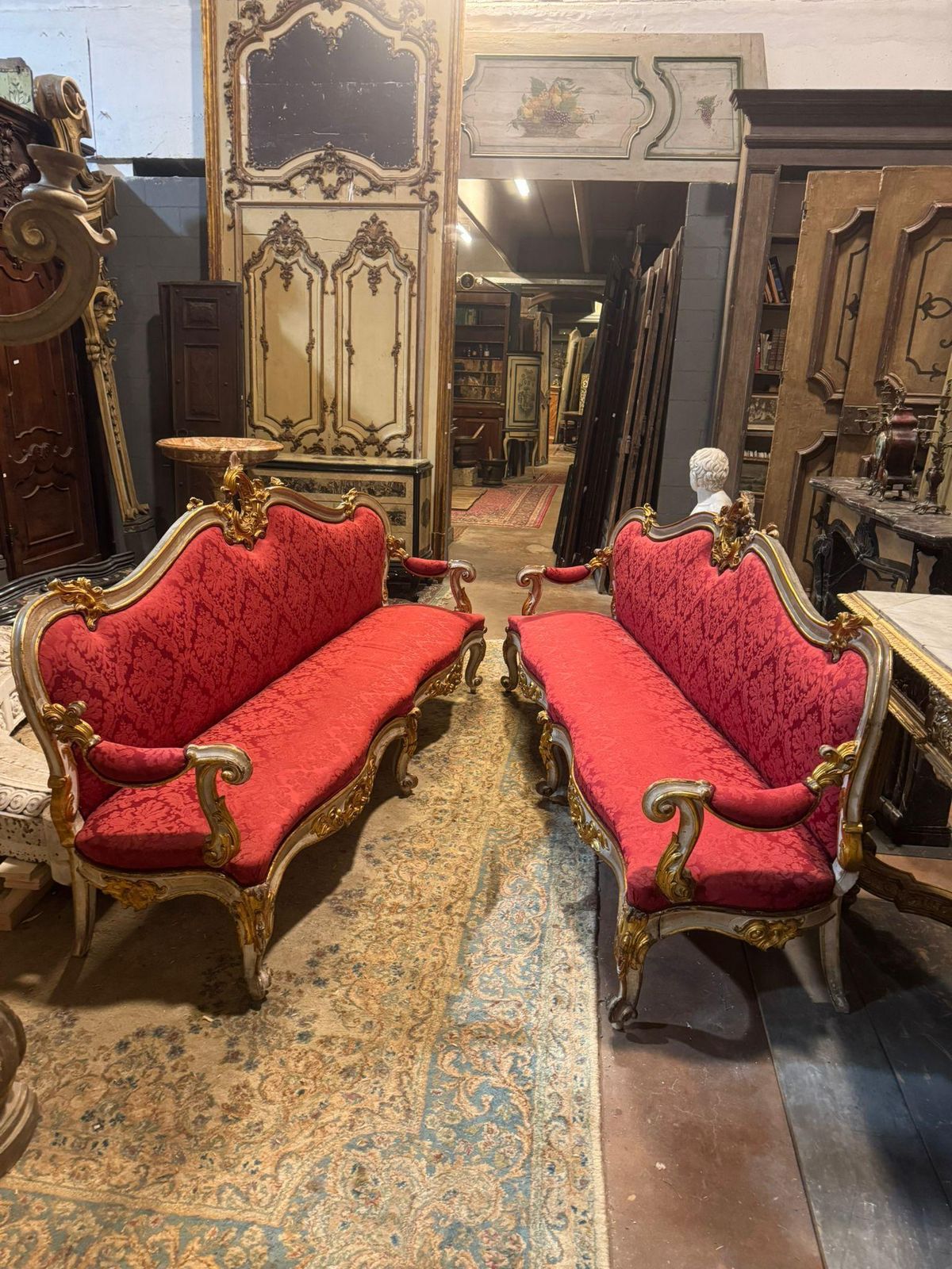 Pair Of Lacquered Gilded Carved Sofas, Upholstered In Red Brocade, Italy photo Furniture