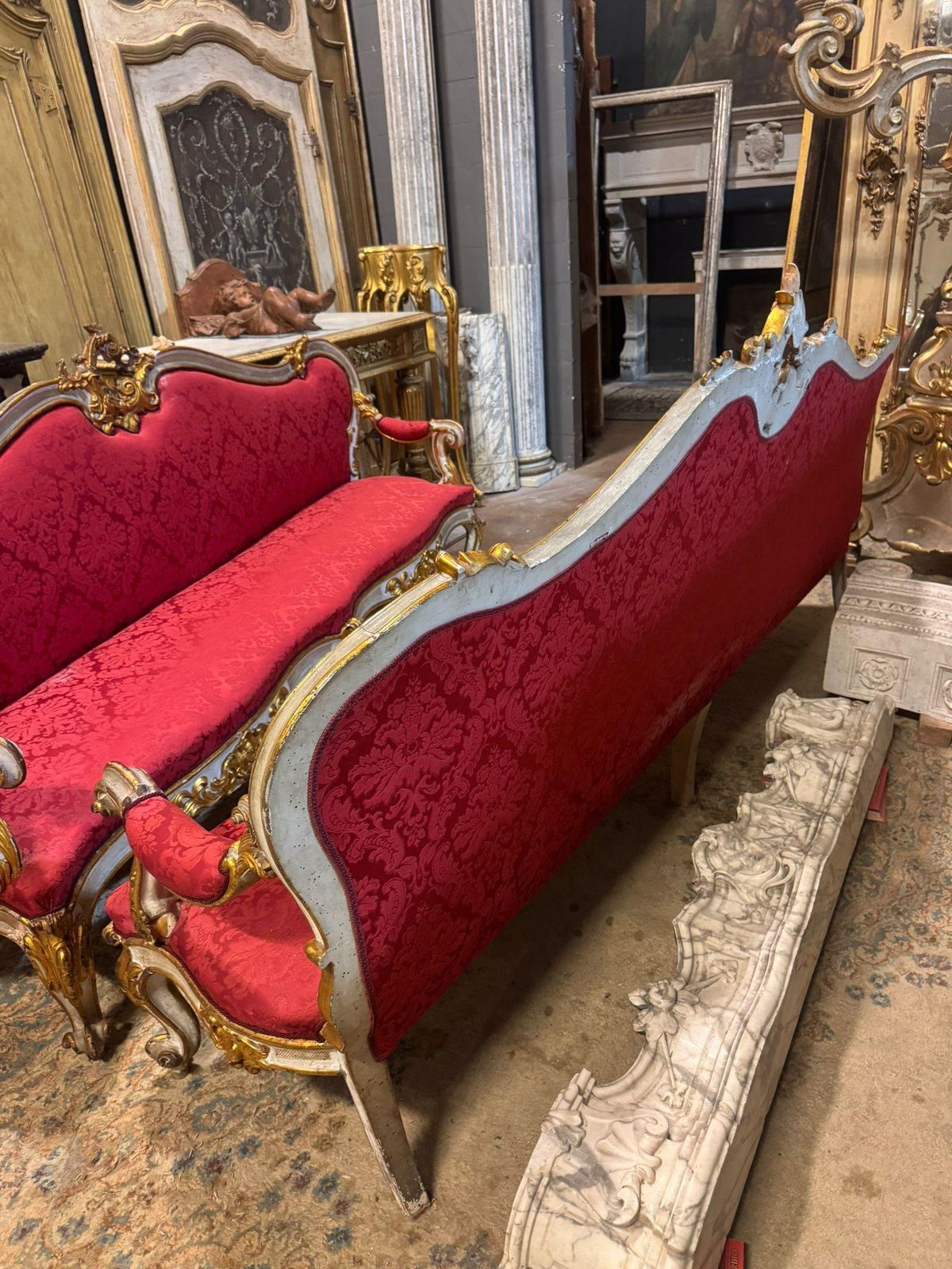 Pair Of Lacquered Gilded Carved Sofas, Upholstered In Red Brocade, Italy photo 6636.0
