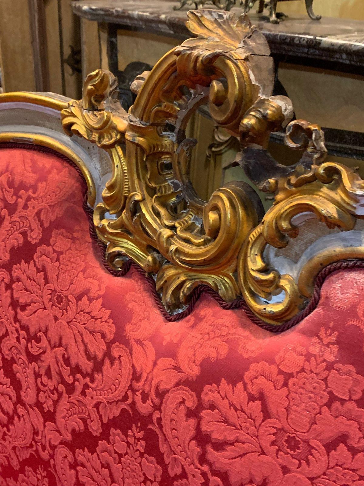Pair Of Lacquered Gilded Carved Sofas, Upholstered In Red Brocade, Italy photo buy