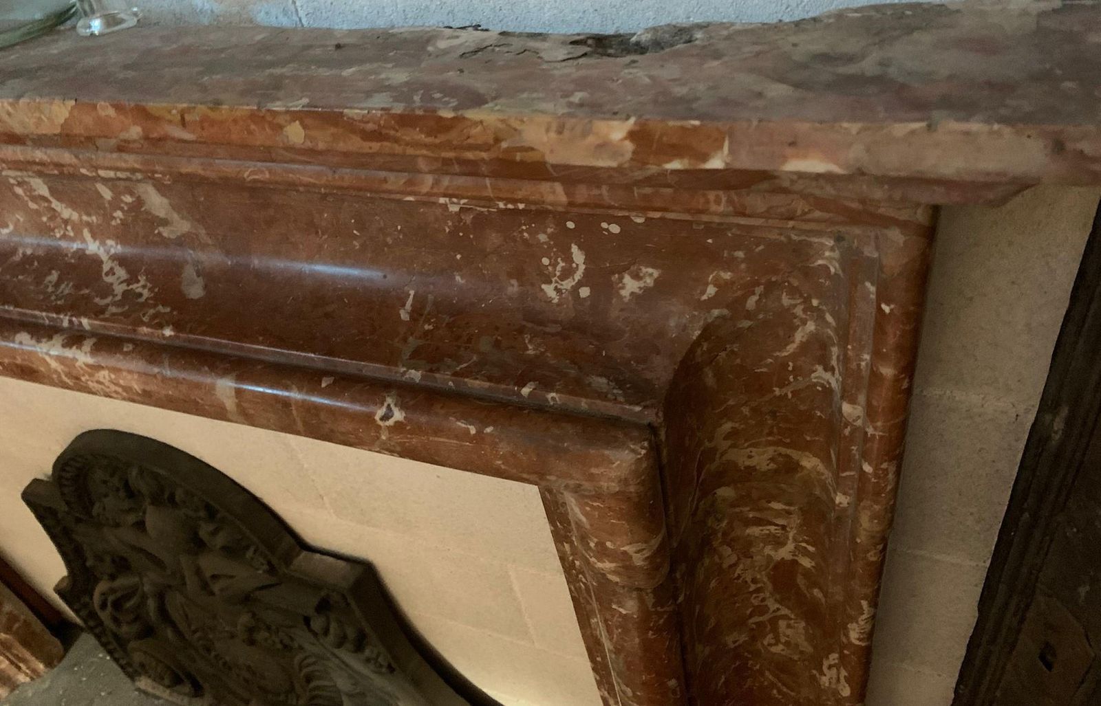 Salvator Rosa Fireplace In Rosso Francia Marble, Italy photo for sale