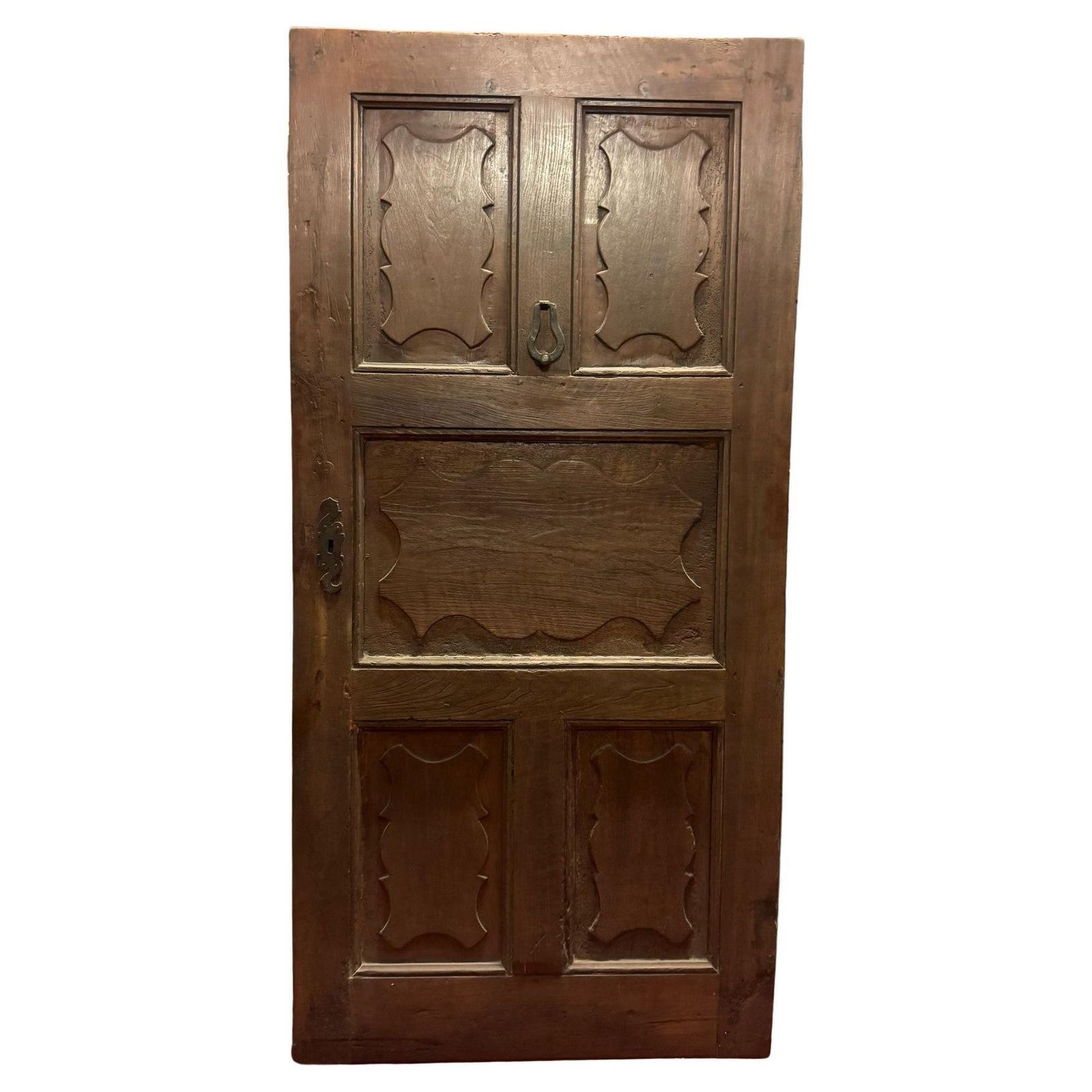 Walnut Wood Entrance Door With One Leaf Door And Carved Wavy Panels, Italy
