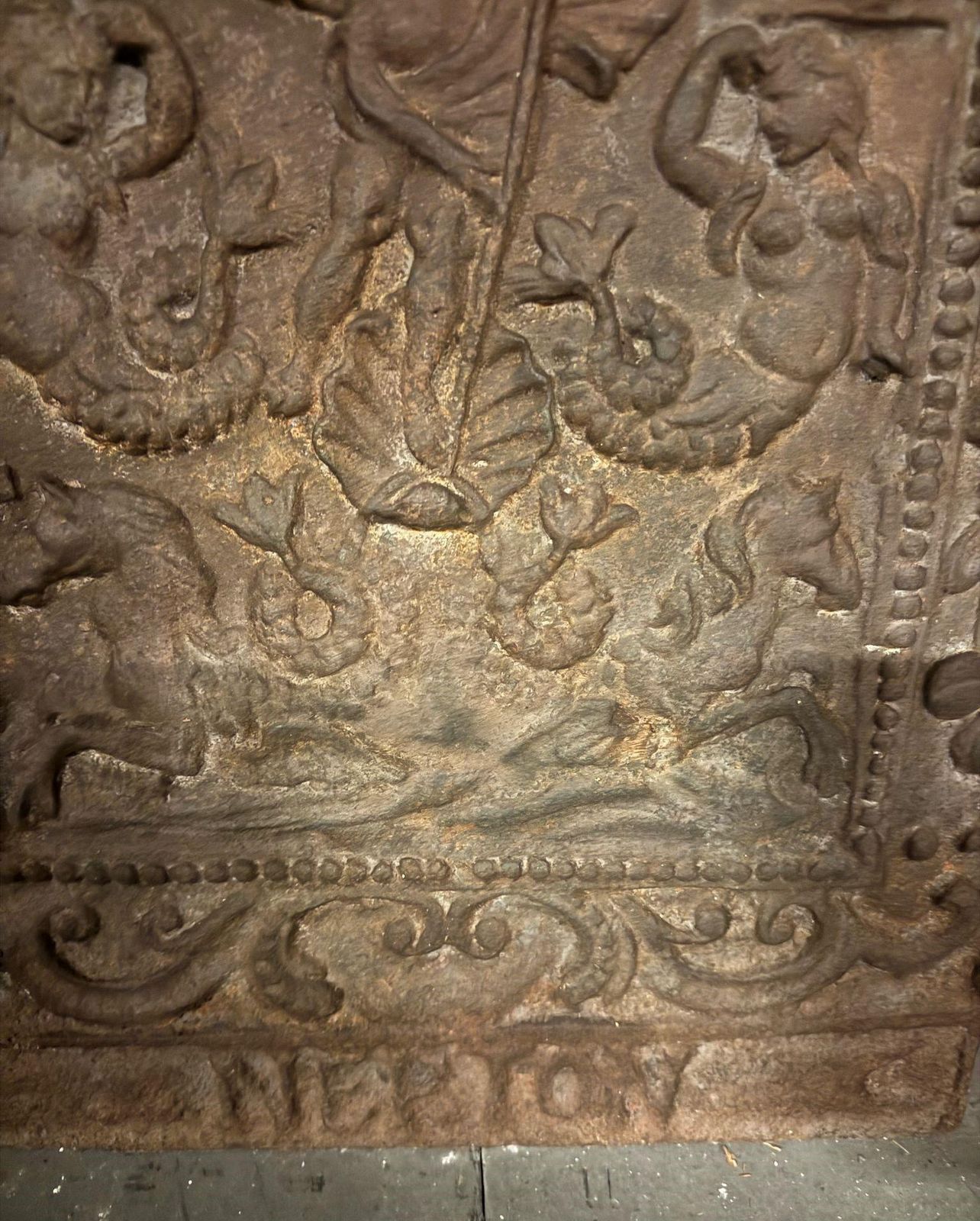 Cast Iron Fireplace Bottom Plate, With Sculpted Mythological Figures, Italy photo for sale