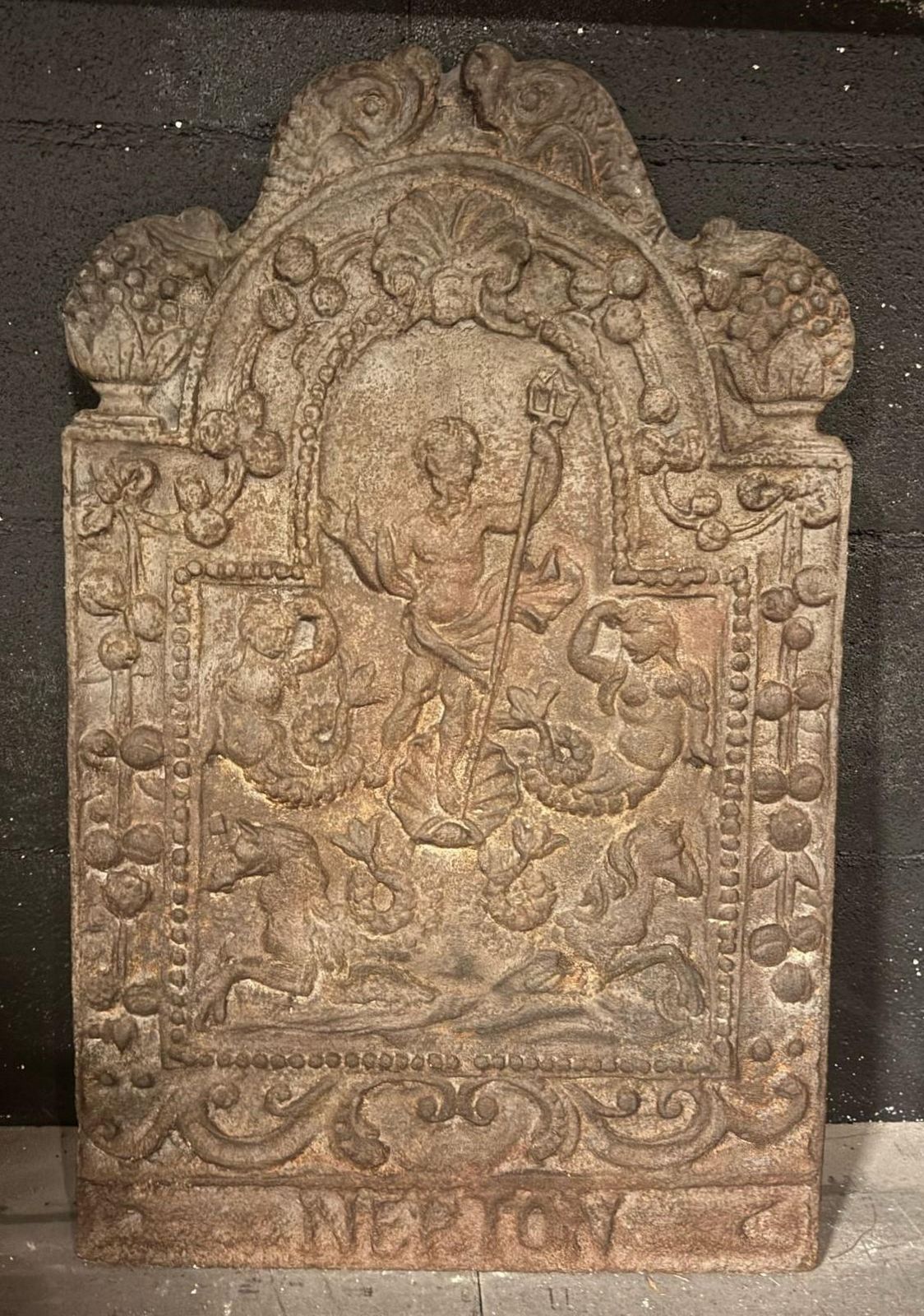 Cast Iron Fireplace Bottom Plate, With Sculpted Mythological Figures, Italy photo Home Fixtures