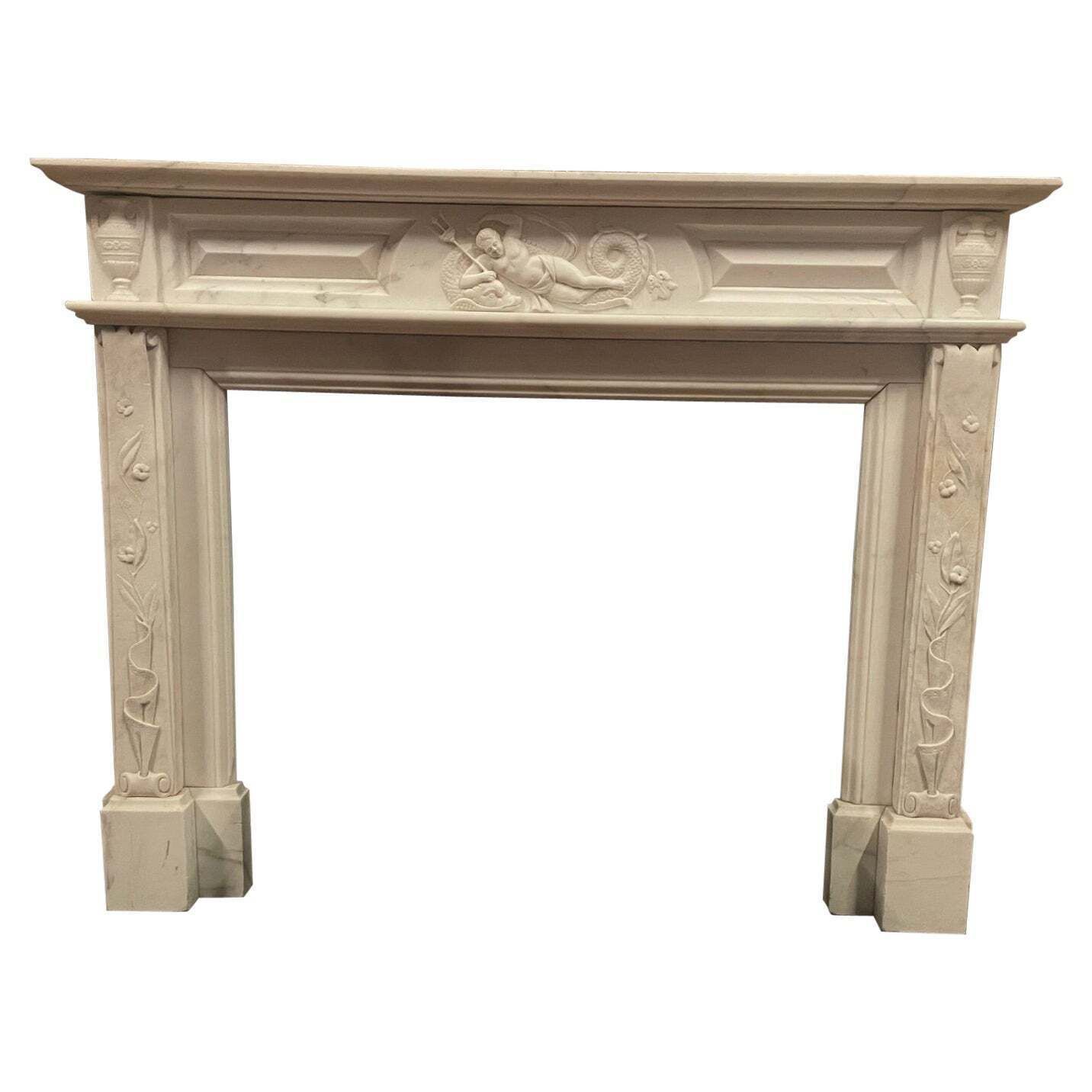 Important Mantle Fireplace In White Carrara Marble Richly Carved, Italy