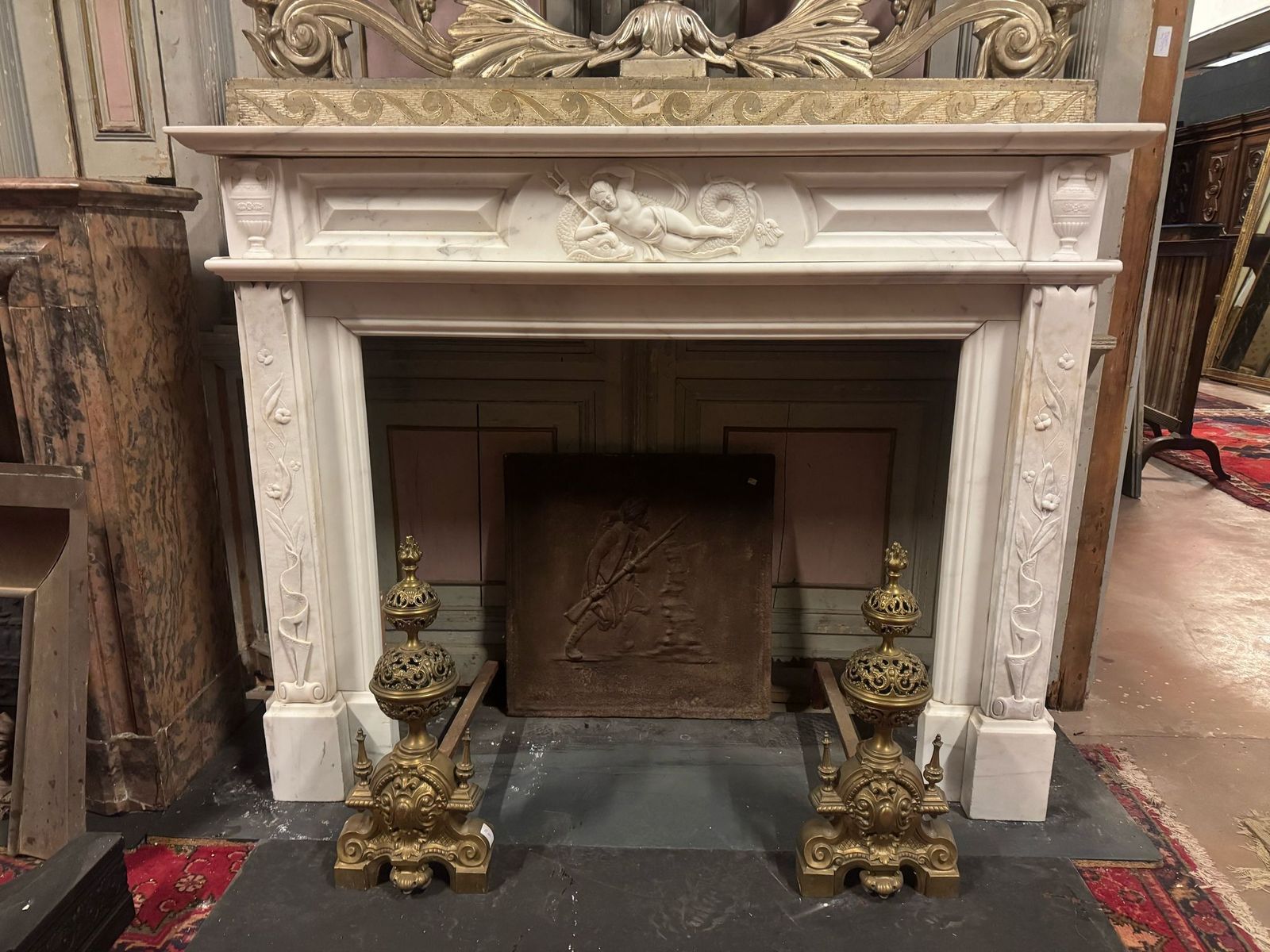 Important Mantle Fireplace In White Carrara Marble Richly Carved, Italy photo furniture