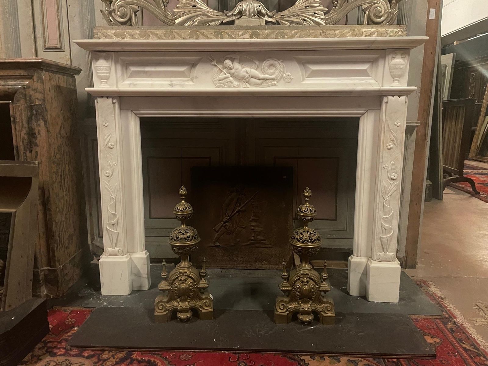 photo for sale Important Mantle Fireplace In White Carrara Marble Richly Carved, Italy