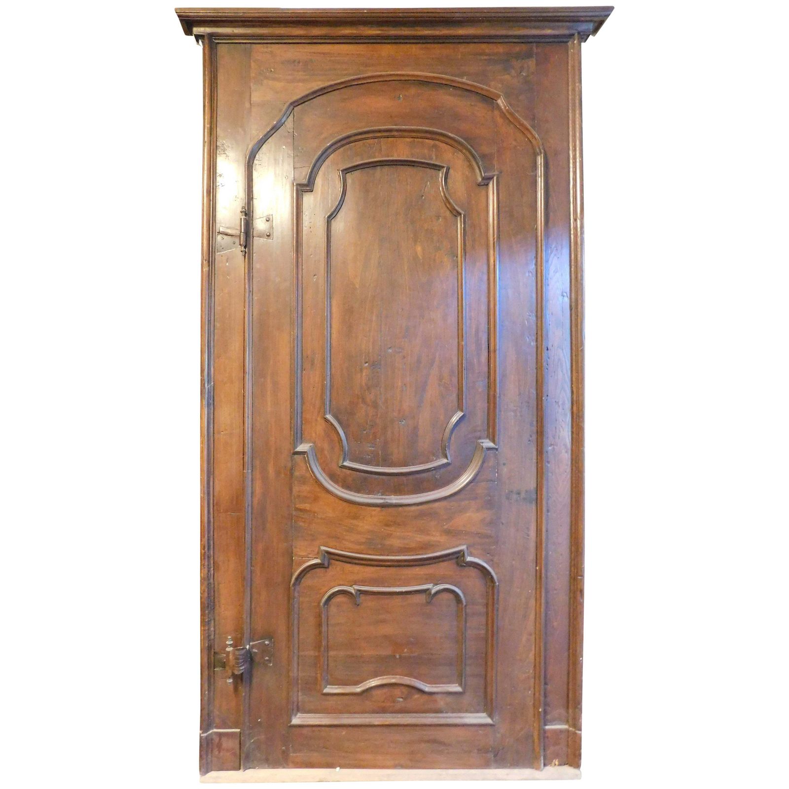 Single Leaf Poplar Door With Arched Panel And Carved Panel, Italy