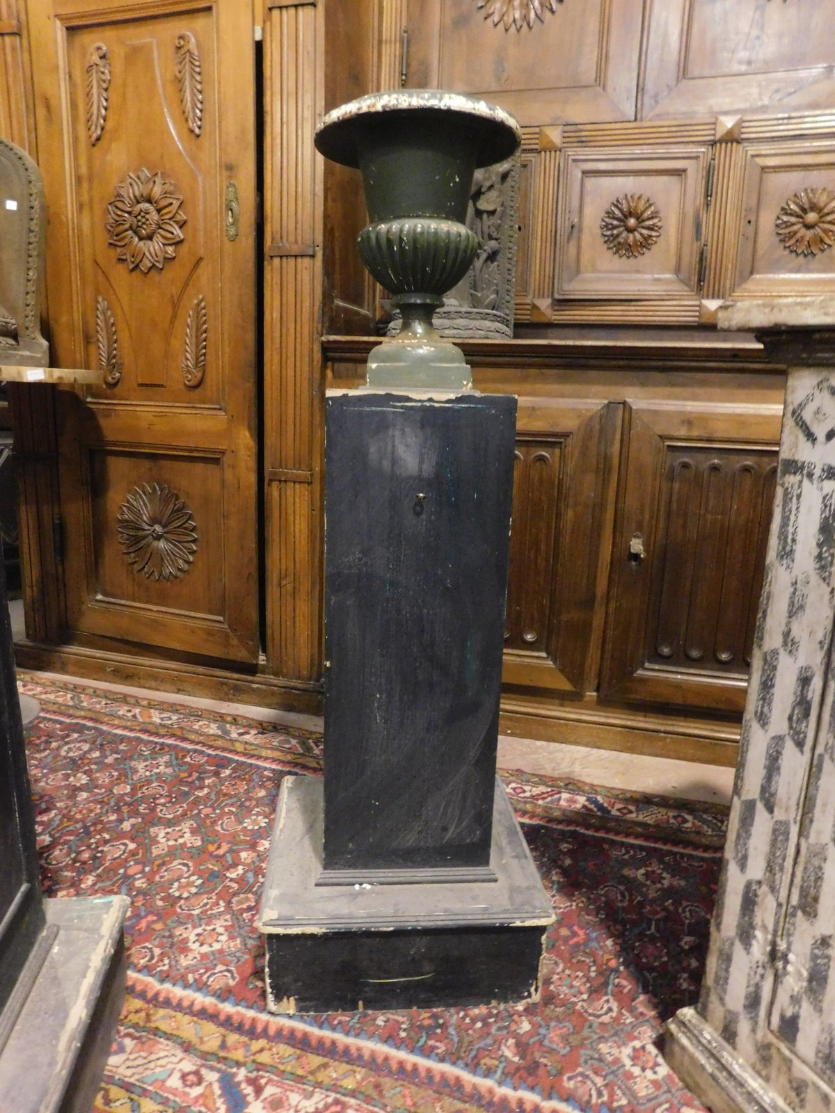 Pair Of Wooden Pillars With Attached Cast Iron Vases, Italy photo vinterior