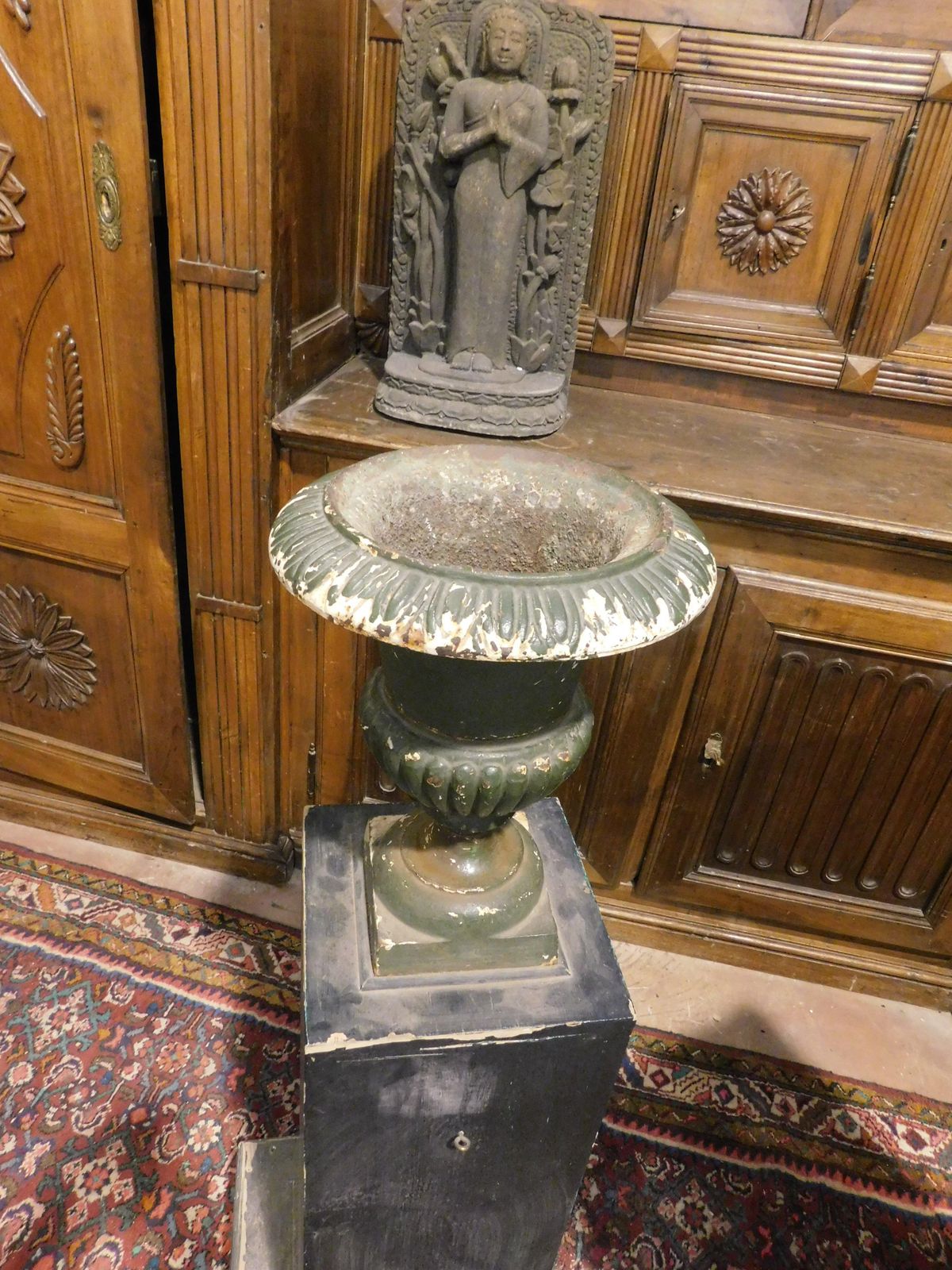 photo furniture Pair Of Wooden Pillars With Attached Cast Iron Vases, Italy