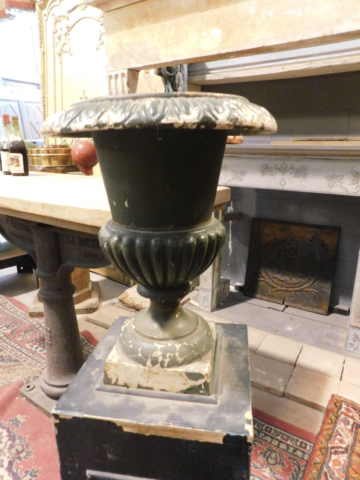 photo for sale Pair Of Wooden Pillars With Attached Cast Iron Vases, Italy