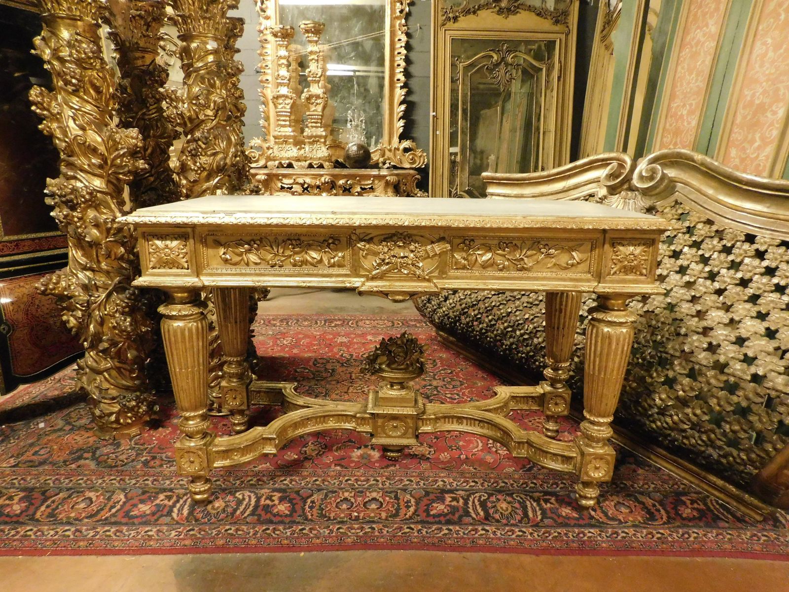 Richly Carved And Gilded Wooden Console Table, White Marble Top, Italy photo for sale