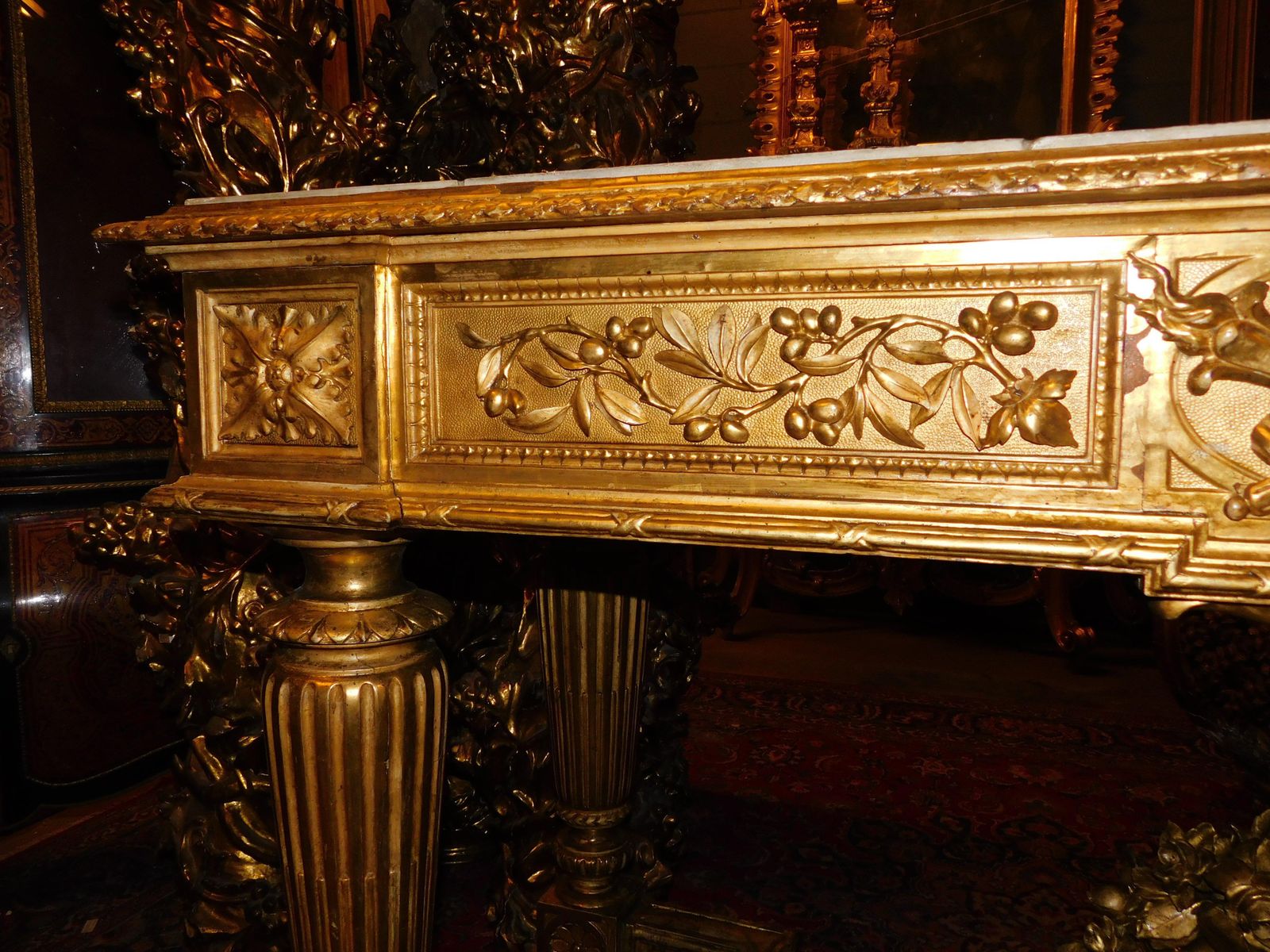 photo for sale Richly Carved And Gilded Wooden Console Table, White Marble Top, Italy