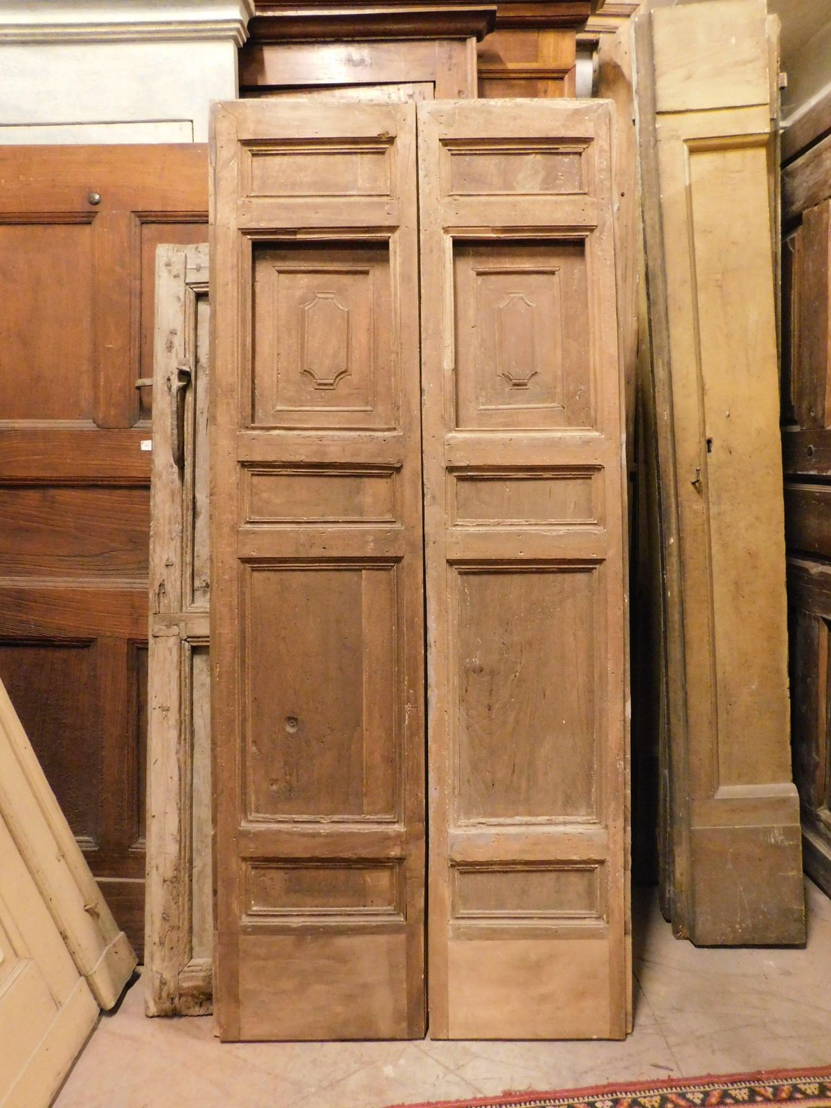 Double Leaf Door In Walnut With Small Opening Windows, Italy photo for sale