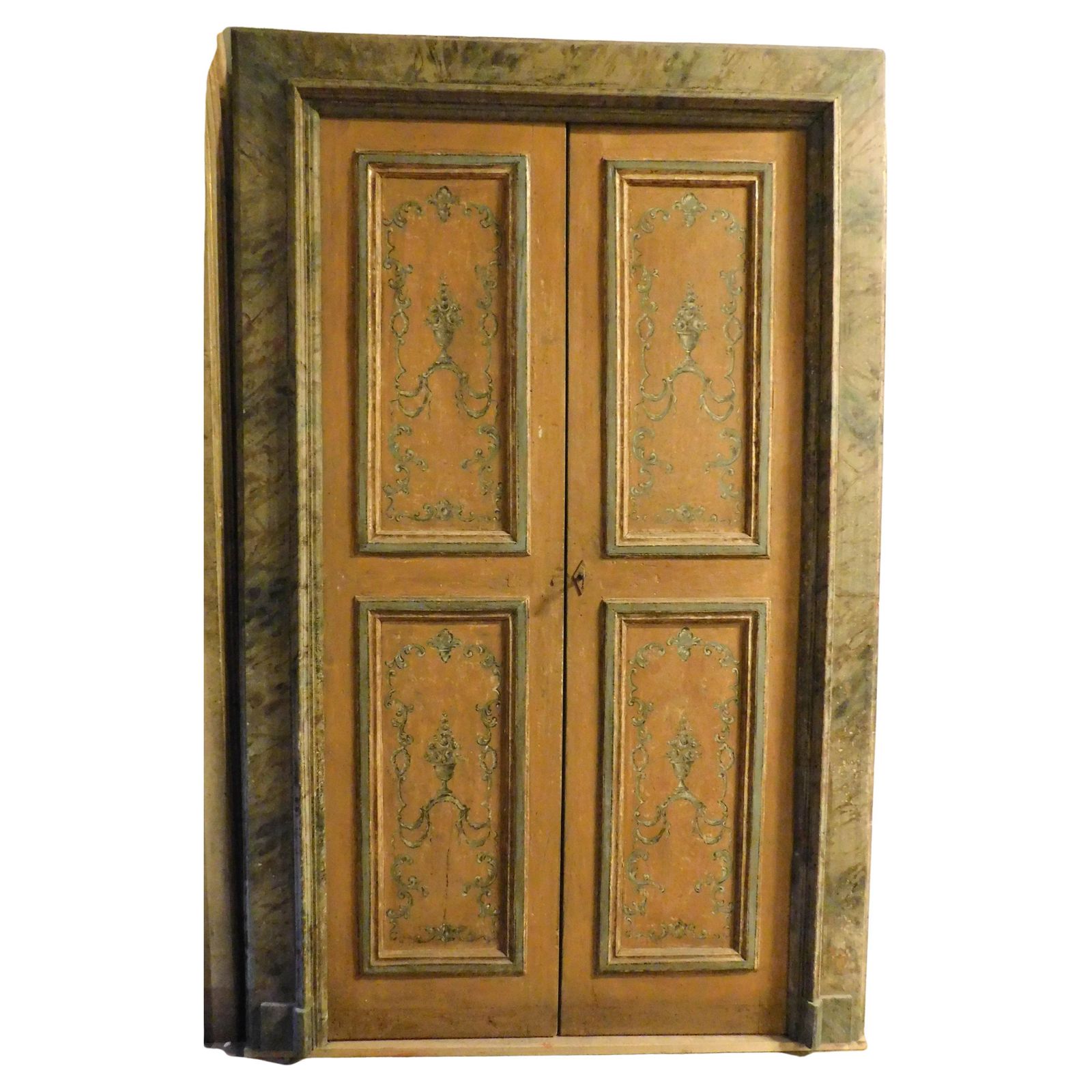 Double Leaf Door In Lacquered Wood With Frame Painted With A Fake Marble Effect