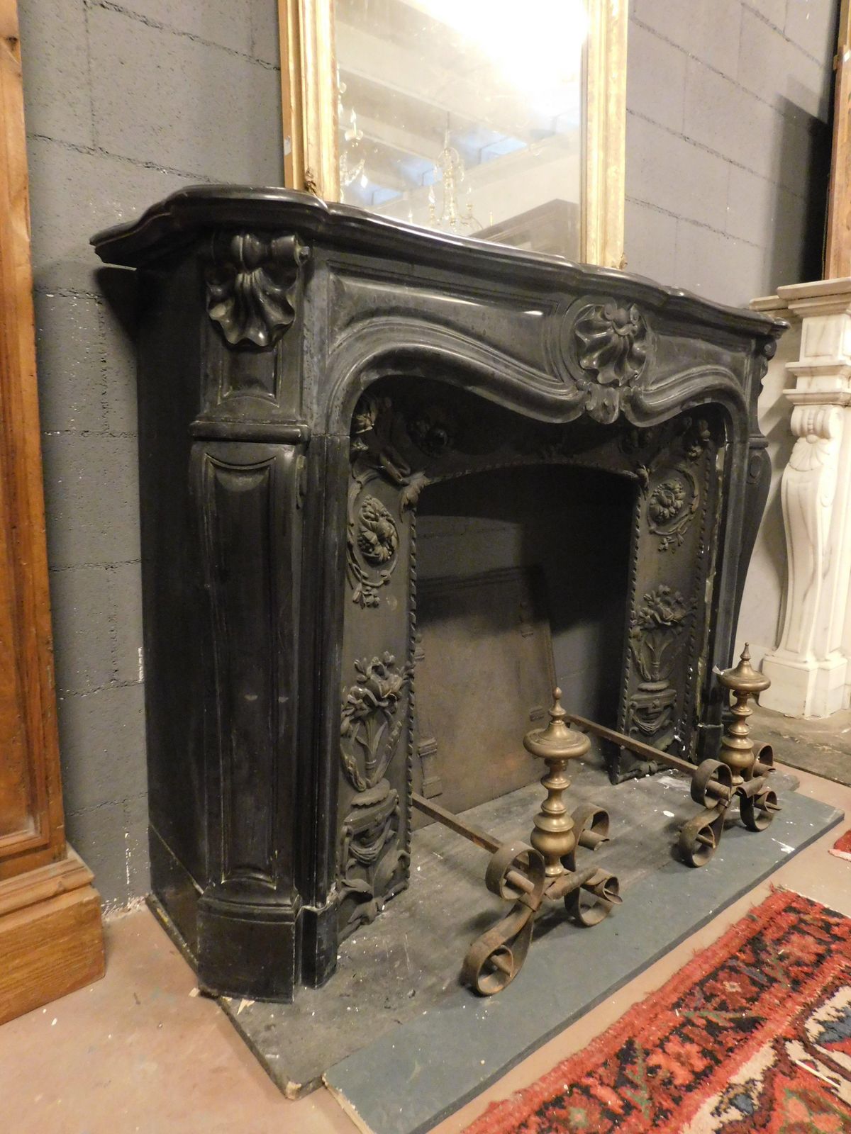 Mantle Fireplace In Black Belgian Marble, Carved With Shells, France photo 6239.0