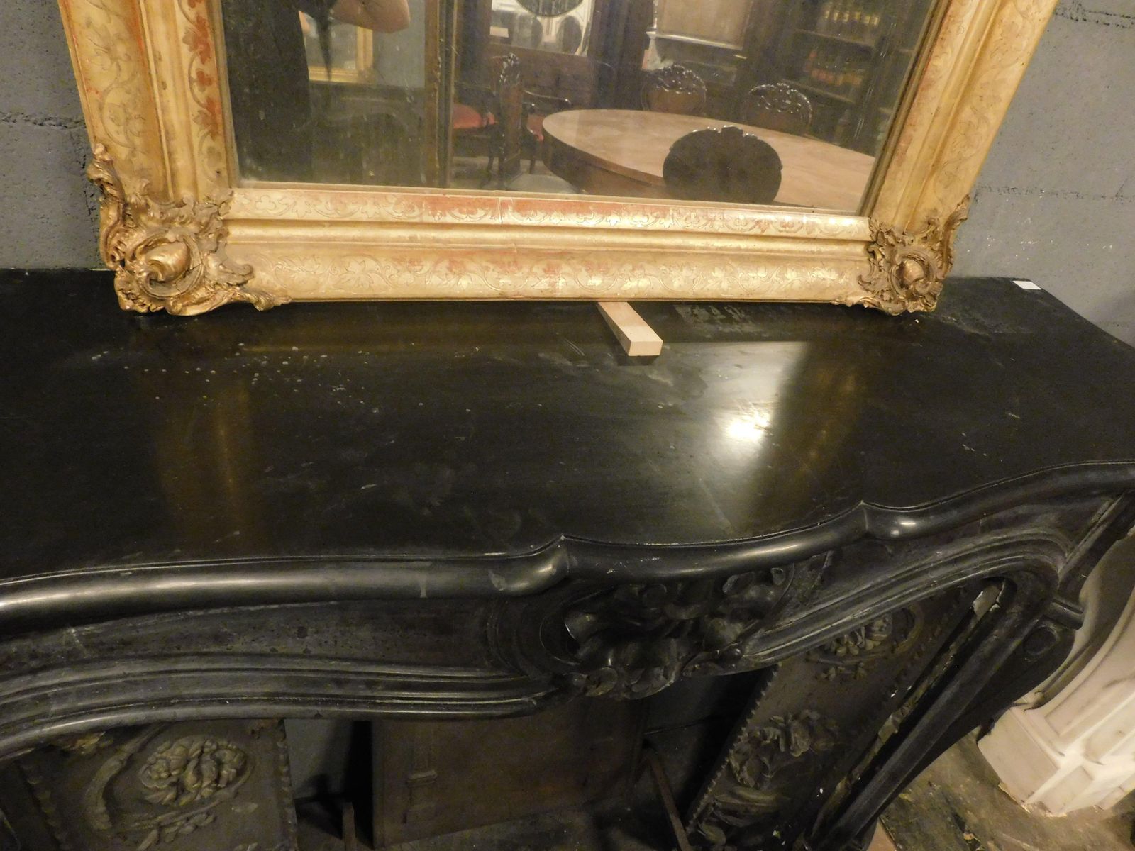 Mantle Fireplace In Black Belgian Marble, Carved With Shells, France photo vintage