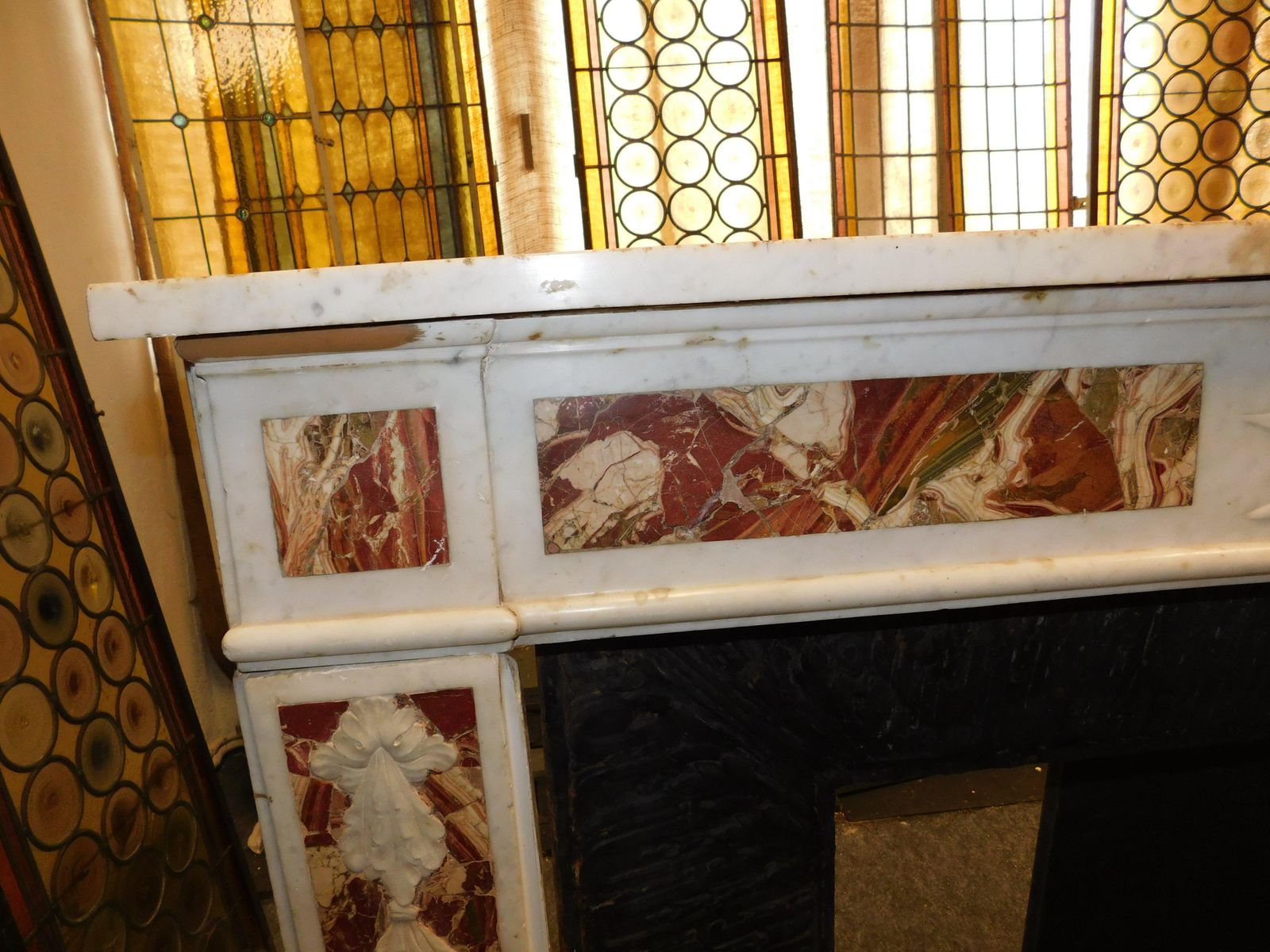 photo for sale White Carrara Marble Mantle Fireplace With Red Inlays, Louis XVI, France