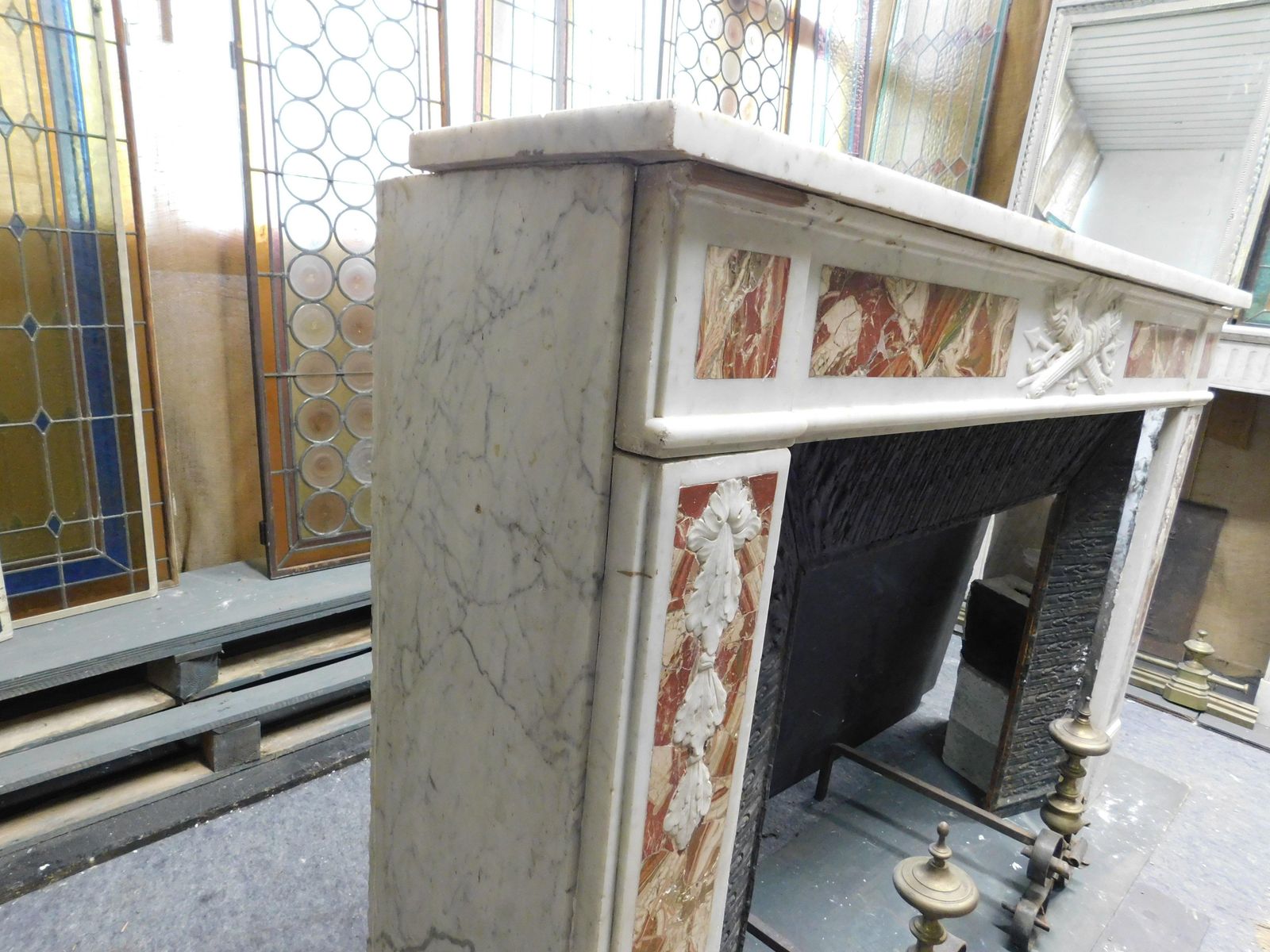 photo buy White Carrara Marble Mantle Fireplace With Red Inlays, Louis XVI, France