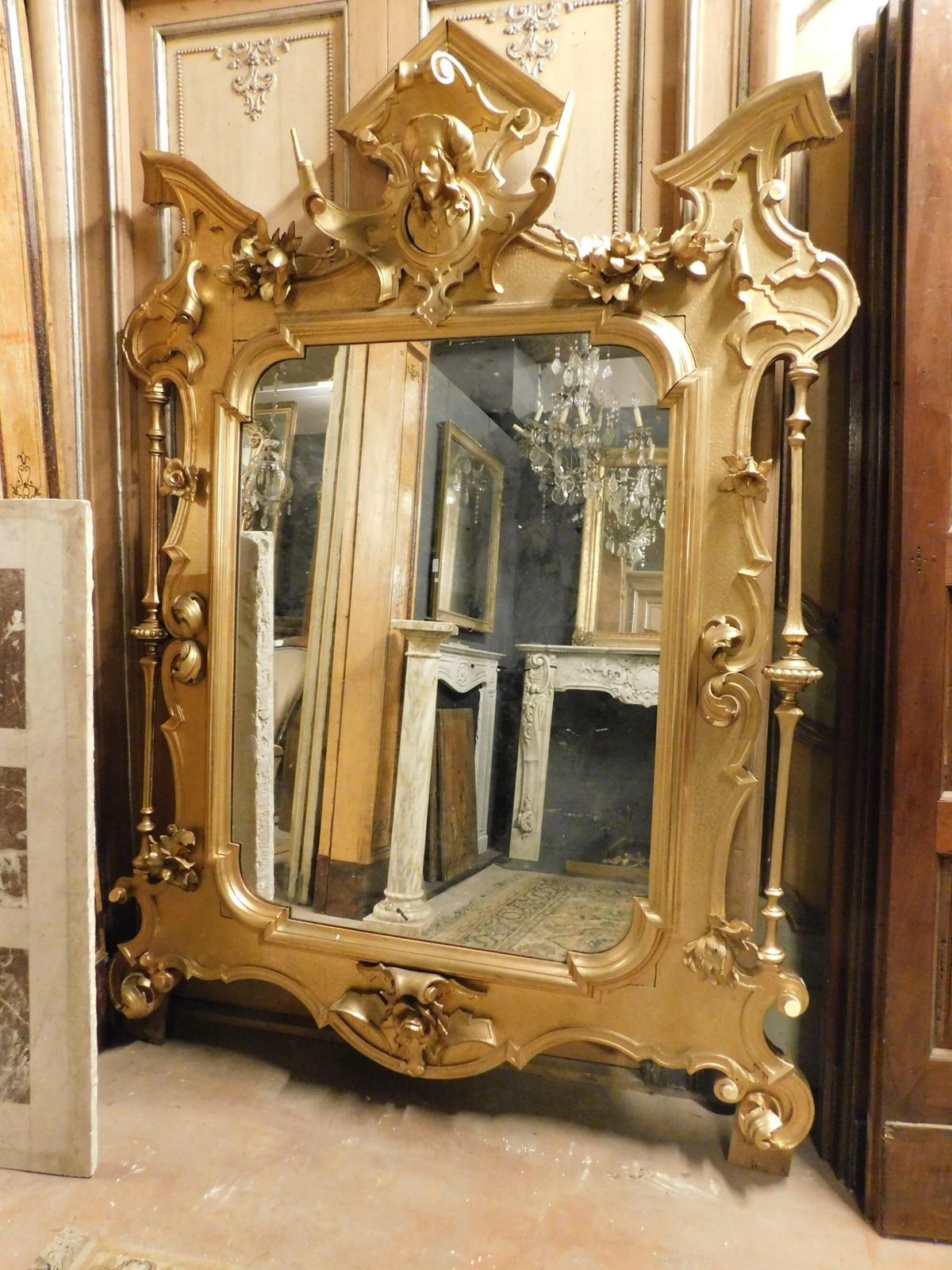 Important And Big Richly Carved And Gilded Mirror With Sculpture, Italy photo furniture