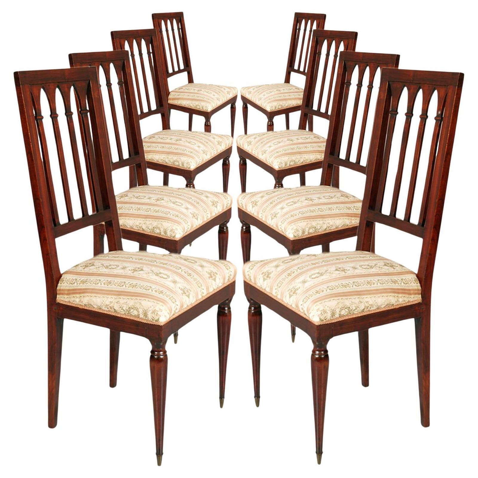 Eight French Gothic Style Chairs , Mahogany 1940s , Charles Dudouyt Attributed