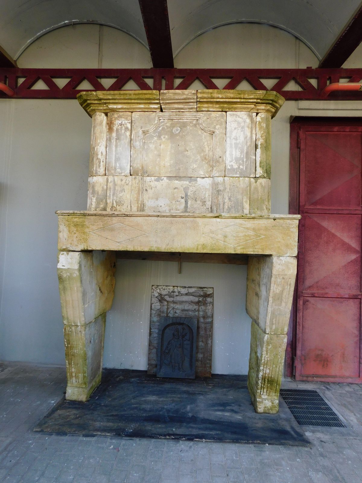 Burgundy Stone Fireplace Carved With Trumeau Above Hood, France photo furniture